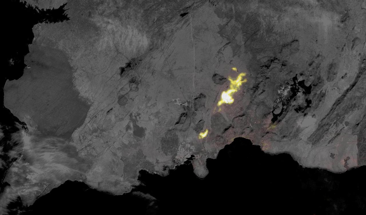 Volcanic activity resumed near the town of Grindavik, Iceland on January 14. A fissure eruption began several kilometers southwest of the 2023 fissure eruptions. This time, several houses were engulfed by lava. When this nighttime thermal image was captured by ASTER on January 24, the eruption had stopped. The background image is an earlier ASTER daytime scene acquired on August 15, 2022. The images cover an area of 17.8 by 30.2 km, and are located at 63.9 degrees north, 22 degrees west.  https://photojournal.jpl.nasa.gov/catalog/PIA26283