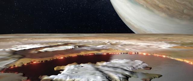 Created using data collected by the JunoCam imager aboard NASA's Juno spacecraft, this animation is an artist's concept that shows an aerial view of Loki Patera, a lava lake on the Jovian moon Io. The 124-mile-long (200-kilometer-long) lake is filled with magma, rimmed with hot lava, and dotted with islands. Loki provided a spectacular reflection when imaged by JunoCam during flybys of the moon in December 2023 and February 2024, suggesting it and other parts of Io's surface are as smooth as glass.  The large island in Loki Patera does not have a name.  Animation available at https://photojournal.jpl.nasa.gov/catalog/PIA26293