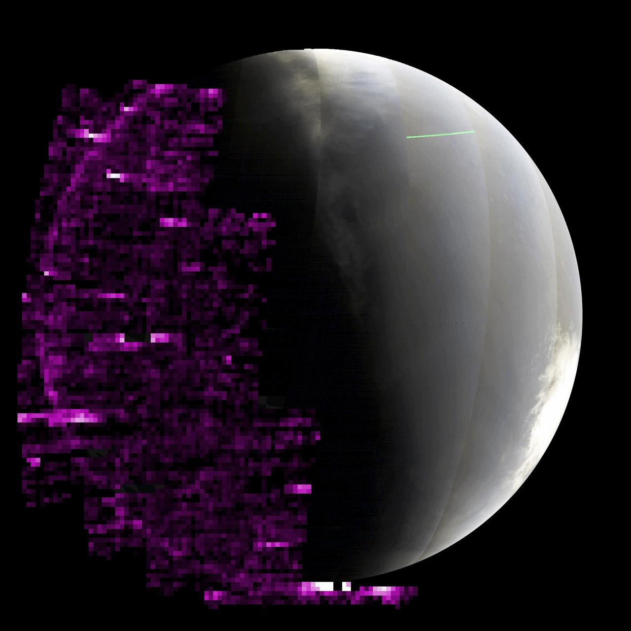 The purple color in this animated GIF shows auroras across Mars' nightside as detected by the Imaging Ultraviolet Spectrograph instrument aboard NASA's MAVEN (Mars Atmosphere and Volatile EvolutioN) orbiter. The brighter the purple, the more auroras were present. Taken as waves of energetic particles from a solar storm were arriving at Mars, the sequence pauses at the end, when the wave of the most energetic particles arrived and overwhelmed the instrument with noise.  MAVEN took these images between May 14 and 20, 2024, as the spacecraft orbited below Mars, looking up at the nightside of the planet (Mars' south pole can be seen on the right, in full sunlight).  Animation available at https://photojournal.jpl.nasa.gov/catalog/PIA26304