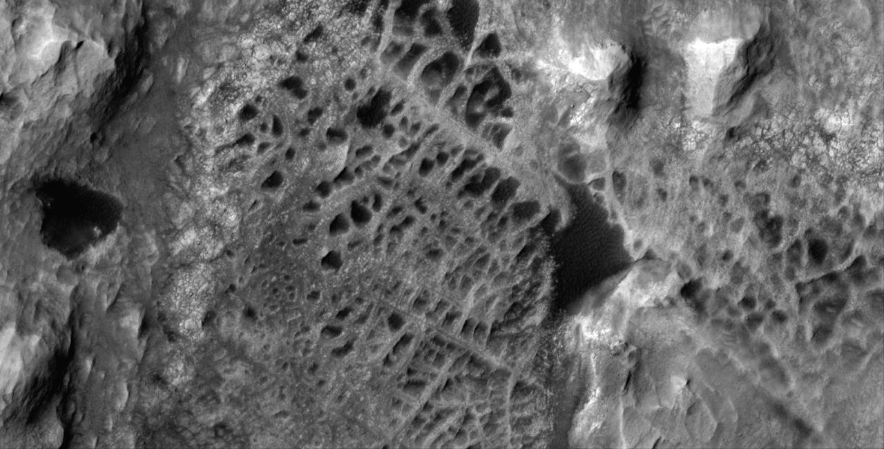 Scientists think that ancient groundwater formed this weblike pattern of ridges, called boxwork, that were captured by NASA's Mars Reconnaissance Orbiter on Dec. 10, 2006. The agency's Curiosity rover will study ridges similar to these up close in 2025.  Boxwork can form on Earth when groundwater flows through a web of rock fractures underground. Minerals carried by the water can coat the cracks and be deposited within the rock nearby. Eons later, if the rock erodes away, the minerals filling the cracks or the hardened rock leave a weblike pattern of ridges exposed. In the area captured by HiRISE, dark sand filled the spaces between these ridges, making them stand out more dramatically in the black-and-white image.  The Martian boxwork Curiosity is headed toward formed in the foothills of lower Mount Sharp, a 3-mile-tall (5-kilometer-tall) mountain the rover has been ascending since 2014. Mount Sharp's boxwork structures stand apart from those on Earth, both because they formed as water was disappearing from Mars and because they're so extensive, running as long as 6 to 12 miles (10 to 20 kilometers).  Scientists are eager to study them up close because minerals in the Martian boxwork crystallized underground, where it would have been warmer, with liquid flowing through. The rover's science team will study whether microbes could have survived in that ancient environment.  https://photojournal.jpl.nasa.gov/catalog/PIA26306