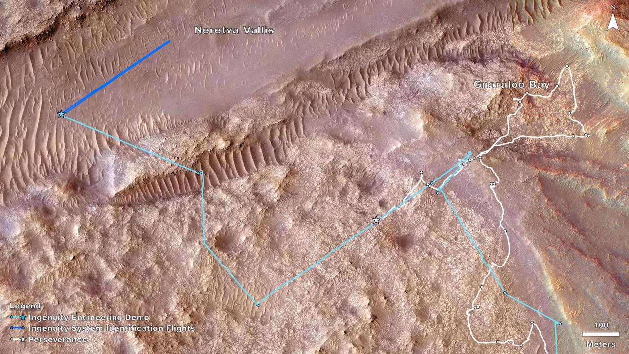 This map shows the locations of NASA's Perseverance rover (white star) and Ingenuity Mars Helicopter (cyan star) on Dec. 19, 2023, the 1,007th Martian day, or sol, of the rover's mission at Mars. During that sol, the rover conducted science operations in an area the team calls "Gnaraloo Bay," while Ingenuity conducted flights 68 and 69 in "Neretva Vallis," a lower-elevation, flatter area (top left).  The dots along the white line indicate the stops made by the rover beginning with Sept. 28, 2023, or Sol 927 (lower right). Ingenuity airfields are indicated by dots along the cyan line, starting with Sept. 11, 2023, or Sol 910 (also lower right).  Ingenuity flights 68 and 69 consisted of a system identification, or "Sys-ID," test campaign. Sys-ID is a data-driven method for understanding the complex behavior of a system by studying how specific inputs impact the motion of the vehicle.  https://photojournal.jpl.nasa.gov/catalog/PIA26311