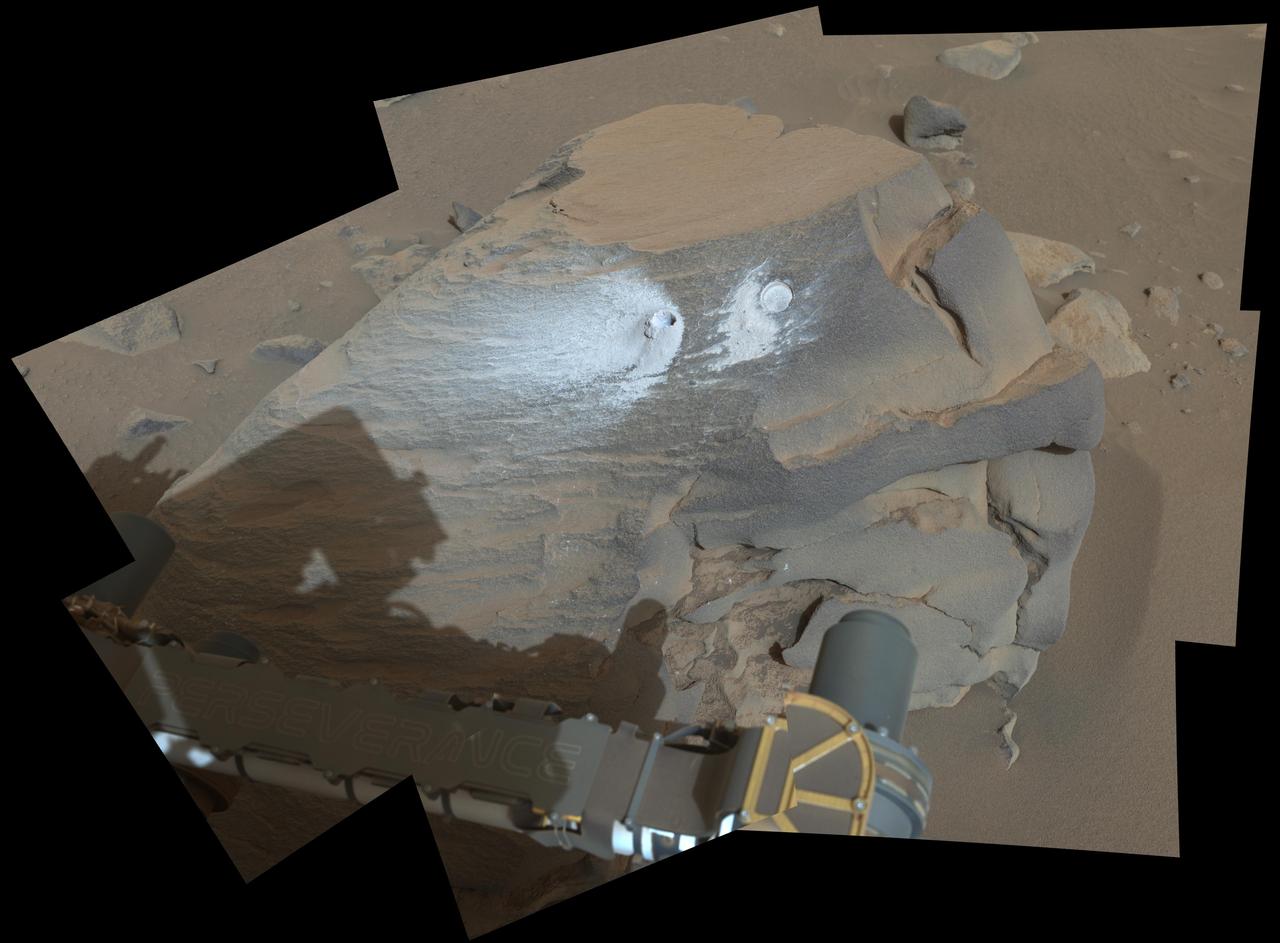 This view shows a rock nicknamed "Bunsen Peak" where NASA's Perseverance Mars rover extracted its 21st rock core (left) and abraded a circular patch (right) to investigate the rock's composition.  Perseverance's Mastcam-Z camera system took the eight images that make up this mosaic on March 12, 2024, the 1,088th Martian day, or sol, of the rover's mission to Mars. For scale, the abrasion patch is approximately 2 inches (5 centimeters) in diameter.  In this enhanced-color view, the color bands of the image have been processed to improve visual contrast and accentuate color differences.  Arizona State University leads the operations of the Mastcam-Z instrument, working in collaboration with Malin Space Science Systems in San Diego, on the design, fabrication, testing, and operation of the cameras, and in collaboration with the Niels Bohr Institute of the University of Copenhagen on the design, fabrication, and testing of the calibration targets.  A key objective for Perseverance's mission on Mars is astrobiology, including the search for signs of ancient microbial life. The rover will characterize the planet's geology and past climate, pave the way for human exploration of the Red Planet, and be the first mission to collect and cache Martian rock and regolith.  Subsequent NASA missions, in cooperation with ESA (European Space Agency), would send spacecraft to Mars to collect these sealed samples from the surface and return them to Earth for in-depth analysis.  The Mars 2020 Perseverance mission is part of NASA's Moon to Mars exploration approach, which includes Artemis missions to the Moon that will help prepare for human exploration of the Red Planet.  https://photojournal.jpl.nasa.gov/catalog/PIA26312