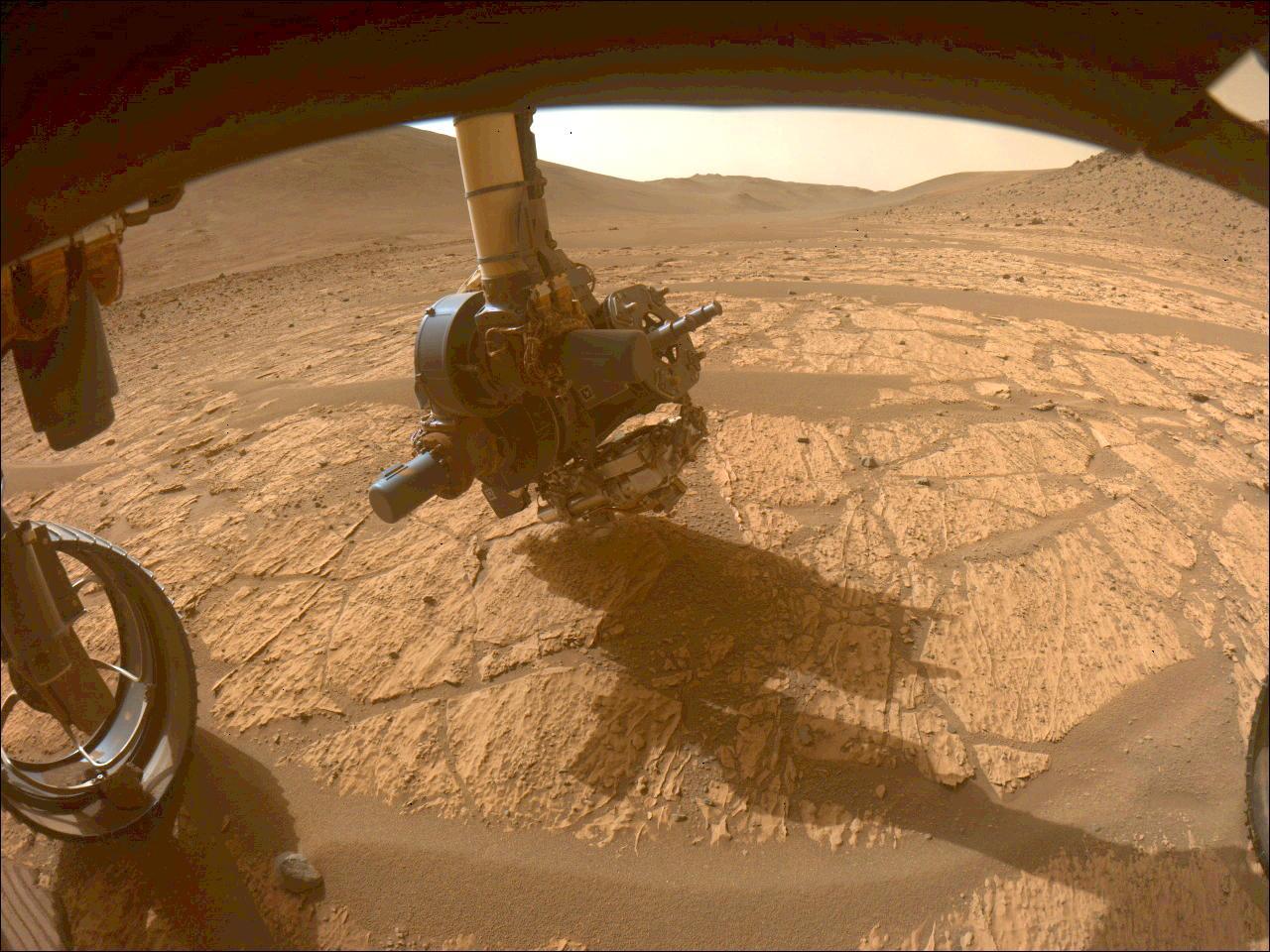 This image shows the WATSON camera aboard NASA's Perseverance Mars rover gathering data on the "Walhalla Glades" abrasion patch. It was taken in the "Bright Angel" region of Jezero Crater by one of the rover's front hazard avoidance cameras on June 14, 2024, the 1,180th Martian day, or sol, of the mission.  WATSON (Wide Angle Topographic Sensor for Operations and eNgineering) is located on the SHERLOC (Scanning Habitable Environments with Raman and Luminescence for Organics and Chemicals) instrument at the end of Perseverance's long robotic arm. In this image, SHERLOC is at the bottom of the turret. The WATSON camera head is closest to the surface, and SHERLOC's Autofocus and Context Imager (another camera) is to the right, closer to the drill.  A key objective for Perseverance's mission on Mars is astrobiology, including the search for signs of ancient microbial life. The rover is also characterizing the planet's geology and past climate, which paves the way for human exploration of the Red Planet. JPL, which is managed for NASA by Caltech in Pasadena, California, built and manages operations of the Perseverance rover.  https://photojournal.jpl.nasa.gov/catalog/PIA26320