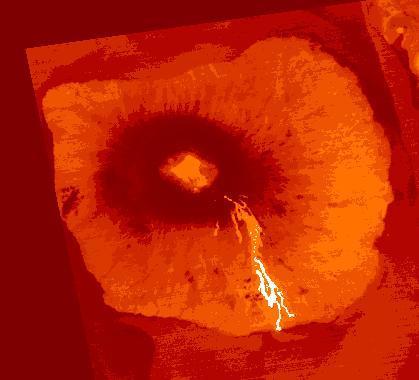 An eruption began on March 2, 2024 at Fernandina Volcano, Galapagos. Lava was seen coming from a circumferential fissure on the upper SE flank, accompanied by high sulfur dioxide emissions. By April 13, when this color coded ASTER thermal image was acquired, an estimated 44 million cubic meters of lava had erupted, making this eruption the largest in the last 15 years. The image covers an area of 5.7 by 6.3 km, and is located at 0.4 degrees south, 91.6 degrees west.  https://photojournal.jpl.nasa.gov/catalog/PIA26326