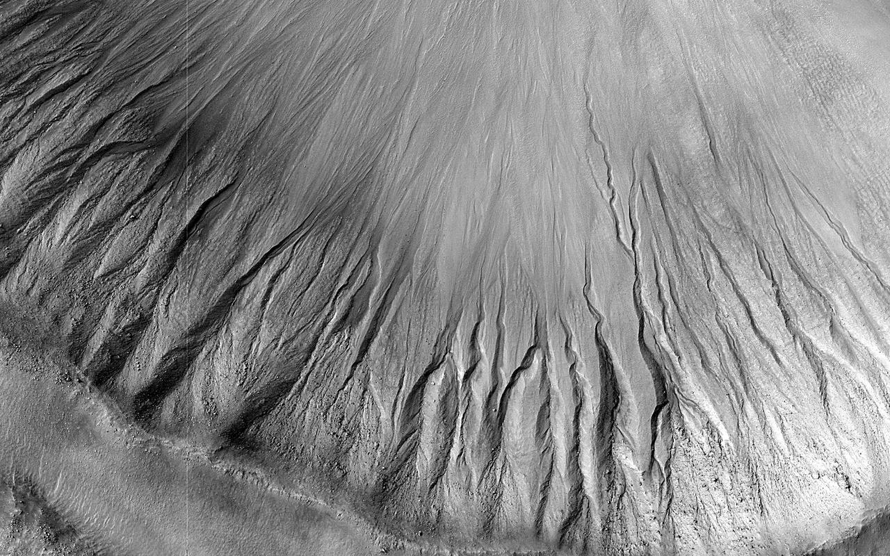 Gullies are commonly found in the Martian mid-latitudes, particularly in the Southern Hemisphere. However, they are rare in the deepest parts of the massive Hellas impact basin.  One likely reason for this is that gullies are found on steep slopes, which seem to be less common in Hellas. For this image, HiRISE targeted a relatively fresh crater where previous images from the MRO Context Camera appeared to show gullies. This high-resolution look confirms the gullies and will allow scientists to compare them in detail with gullies elsewhere on the planet.  https://photojournal.jpl.nasa.gov/catalog/PIA26329
