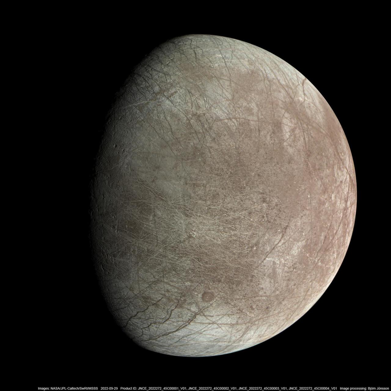 Jupiter's moon Europa was captured by the JunoCam instrument aboard NASA's Juno spacecraft during the mission's close flyby on Sept. 29, 2022. The picture is a composite of JunoCam's second, third, and fourth images taken during the flyby, as seen from the perspective of the fourth image. North is at the top. The resolution of images ranges from just over 0.5 to 2.5 miles per pixel (1 to 4 kilometers per pixel). As with our Moon and Earth, one side of Europa always faces Jupiter, and that is the side of Europa visible here. Europa's surface is crisscrossed by fractures, ridges, and bands, which have erased terrain older than about 90 million years. Citizen scientist Björn Jónsson processed the images to enhance the color and contrast. https://photojournal.jpl.nasa.gov/catalog/PIA26331
