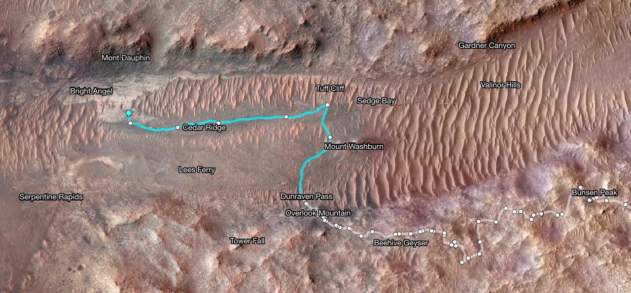 Superimposed on an image taken by the HiRISE camera aboard NASA's Mars Reconnaissance Orbiter, this map shows the path taken by the agency's Perseverance Mars rover between Jan. 31, 2024, and June 11, shortly after it arrived at a geologic area of interest the science team calls "Bright Angel."  The route where the rover paralleled the Neretva Vallis river channel is depicted in white. The portion of the route where the rover was inside the river channel is depicted in pale blue. The dots along the white line signify locations where the rover stopped after completing a traverse.  The University of Arizona, in Tucson, operates HiRISE, which was built by BAE Systems, in Boulder, Colorado. JPL manages the Mars Reconnaissance Orbiter Project for NASA's Science Mission Directorate, Washington.  A key objective for Perseverance's mission on Mars is astrobiology, including the search for signs of ancient microbial life. The rover will characterize the planet's geology and past climate, pave the way for human exploration of the Red Planet, and be the first mission to collect and cache Martian rock and regolith (broken rock and dust).  Subsequent NASA missions, in cooperation with ESA (European Space Agency), would send spacecraft to Mars to collect these sealed samples from the surface and return them to Earth for in-depth analysis.  https://photojournal.jpl.nasa.gov/catalog/PIA26334