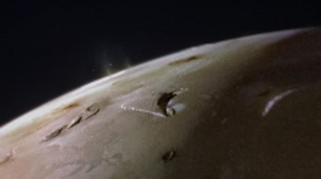 The JunoCam instrument aboard NASA's Juno spacecraft captured two volcanic plumes rising above the horizon of Jupiter's moon Io on Feb. 3, 2024. Mission scientists think the plumes were emitted either by two vents from one giant volcano, or two volcanoes near each other.  The JunoCam instrument imaged the plumes from a distance of about 2,400 miles (3,800 kilometers).  Citizen scientist Andrea Luck made this image from raw JunoCam data.  https://photojournal.jpl.nasa.gov/catalog/PIA26340