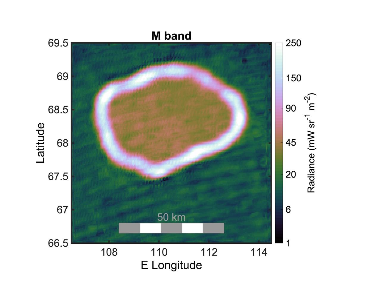 This graphic shows the infrared radiance of Chors Patera, a lava lake on Jupiter's moon Io. It was created using infrared data collected by the JIRAM (Jovian Infrared Auroral Mapper) instrument aboard NASA's Juno spacecraft during a flyby of the moon on Oct. 15, 2023. The lake is about 31 miles (50 kilometers) wide.  Juno scientists believe the majority of the lake is covered with a thick crust of molten material (appearing red/green in graphic, inside the white ring) that is approximately minus 45 degrees Fahrenheit (minus 43 degrees Celsius) at its surface. The white ring indicates where lava from Io's interior is directly exposed to space, providing the geologic feature's hottest thermal signature: between 450 and 1,350 F (232 and 732 C). The area in green, outside the lava lake, is very cold: about minus 225 F (minus 143 C).  JIRAM "sees" infrared light not visible to the human eye. In this composite image, the measurements of thermal emissions radiated from the planet were in the infrared wavelength between 4.5 and 5 microns.  https://photojournal.jpl.nasa.gov/catalog/PIA26371