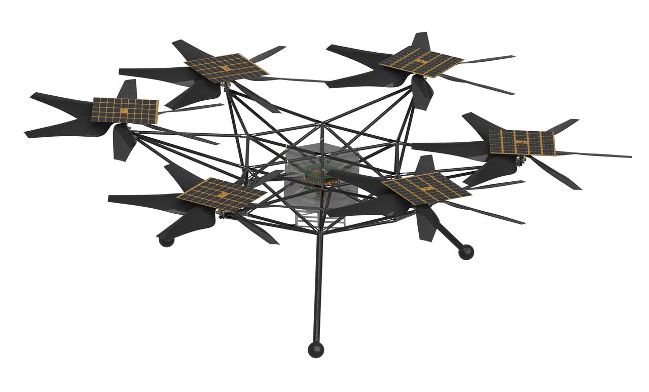       NASA's Mars Chopper concept, shown in a design software rendering, is a more capable proposed follow-on to the agency's Ingenuity Mars Helicopter, which arrived at the Red Planet in the belly of the Perseverance rover in February 2021.      Chopper would be about the size of an SUV, with six rotors, each with six blades. It could be used to carry science payloads as large as 11 pounds (5 kilograms) distances of up to 1.9 miles (3 kilometers) each Martian day (or sol). Scientists could use Chopper to study large swaths of terrain in detail, quickly – including areas where rovers cannot safely travel.      Chopper remains in early conceptual and design stages.      The proposed design is the product of collaboration between NASA's Jet Propulsion Laboratory in Southern California, the agency's Ames Research Center in California's Silicon Valley, and AeroVironment Inc.  https://photojournal.jpl.nasa.gov/catalog/PIA26375