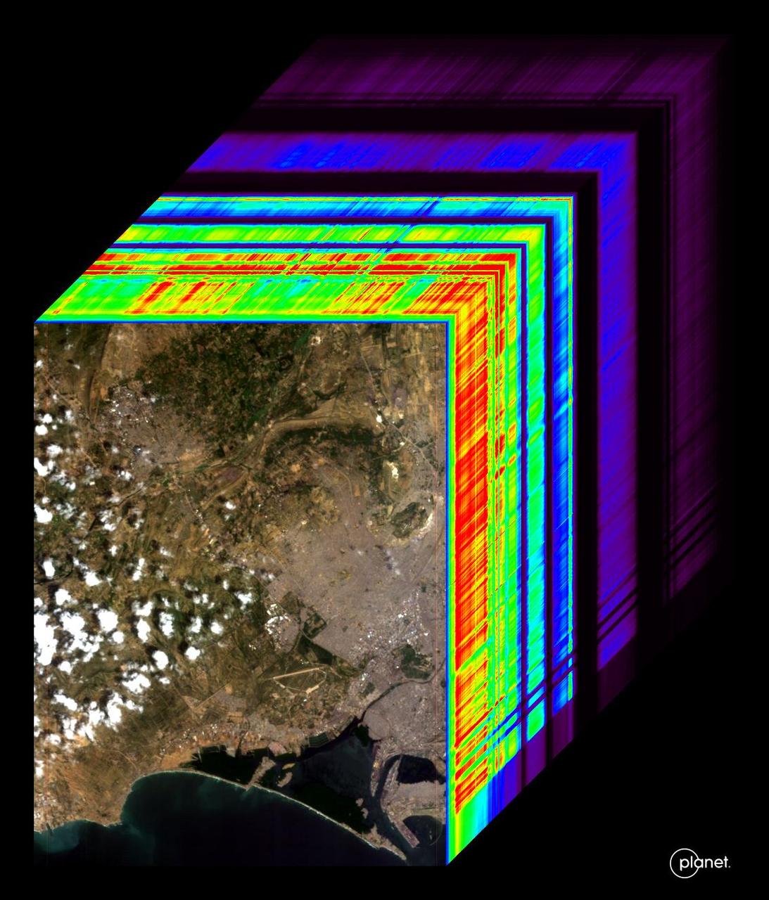 An imaging spectrometer designed by NASA's Jet Propulsion Laboratory captured its first data over Karachi, Pakistan, on Sept. 19, 2024. The instrument is aboard the Carbon Mapper Coalition's Tanager-1 satellite, which was built by Planet Labs PBC.  An imaging spectrometer can measure hundreds of wavelengths of light that are reflected by Earth's surface. Different compounds in the planet's atmosphere and on the ground absorb different wavelengths of light, leaving spectral "fingerprints" that researchers can identify. The imaging spectrometer aboard Tanager-1 will enable the satellite to measure methane and carbon dioxide point-source emissions, down to the level of individual facilities and equipment, on a global scale.  The image at the front of the cube shows a mix of information on land cover and water in the city and surrounding area, including exposed soil (brown), vegetation (green), and clouds. The rainbow colors extending through the main part of the cube are the wavelengths of light from corresponding spots in the front image.  Tanager-1, which launched on Aug. 16, 2024, was developed as part of a philanthropically funded public-private coalition led by the nonprofit Carbon Mapper. Planet Labs and JPL are both members of the Carbon Mapper Coalition.  https://photojournal.jpl.nasa.gov/catalog/PIA26412