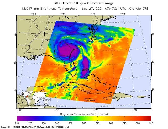 NASA's Atmospheric Infrared Sounder (AIRS) captured an infrared image of Hurricane Helene on Friday, Sept. 27, 2024, at 3:47 a.m. local time, nearly five hours after it made landfall on the Florida coast. One of the largest storms to develop in the Gulf of Mexico in the last century, Helene made landfall as a Category 4 hurricane in the Big Bend area on Sept. 26, at about 11:10 p.m. In the infrared images, the large purple areas indicate very cold clouds carried high into the atmosphere by deep thunderstorms and associated with heavy rainfall. Warmer areas with shallower rain clouds are shown in blue and green. The orange and red areas represent mostly cloud-free air. The eye of the hurricane can be seen as a small blue dot in the middle of the large purple patch. AIRS, in conjunction with the Advanced Microwave Sounding Unit (AMSU), senses emitted infrared and microwave radiation from Earth to provide a 3D look at Earth's weather and climate. Working in tandem, the two instruments make simultaneous observations down to Earth's surface. With more than 2,000 channels sensing different regions of the atmosphere, the system creates a global, 3D map of atmospheric temperature and humidity, cloud amounts and heights, greenhouse gas concentrations and many other atmospheric phenomena. Launched into Earth orbit in 2002, the AIRS and AMSU instruments fly onboard NASA's Aqua spacecraft and are managed by NASA's Jet Propulsion Laboratory in Southern California under contract to NASA. JPL is a division of the Caltech. https://photojournal.jpl.nasa.gov/catalog/PIA26413