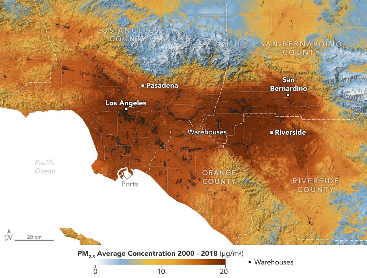       A data visualization shows the average concentration of PM2.5 particulate pollution in the Los Angeles region from 2000 to 2018, along with the locations of nearly 11,000 warehouses over the same time period. Particles measuring 2.5 micrometers or less, PM2.5 are pollutants that can be inhaled into the lungs and absorbed into the bloodstream.      A NASA-funded study published in September 2024 in GeoHealth analyzed patterns and trends of atmospheric PM2.5 concentration and found that ZIP codes with more or larger warehouses had higher levels of PM2.5 and elemental carbon over time than those with fewer warehouses. Elemental carbon is a type of PM2.5 that is produced by heavy-duty diesel engines.      In the visualization, areas with higher concentrations of PM2.5 are shown in darker red, and locations of warehouses are indicated by small black circles (many of them clustered closely together). The PM2.5 data came from models based on satellite observations, including from NASA's Moderate Resolution Imaging Spectroradiometer (MODIS) and Advanced Spaceborne Thermal Emission and Reflection Radiometer (ASTER) instruments. The PM2.5 warehouse locations were derived from a commercial real estate database.      Particulate pollution has been linked to respiratory and cardiovascular diseases, some cancers, and adverse birth outcomes, including premature birth and low infant birth weight. As the e-commerce boom of recent decades has spurred warehouse construction, pollution in nearby neighborhoods has become a growing area for research.  https://photojournal.jpl.nasa.gov/catalog/PIA26415