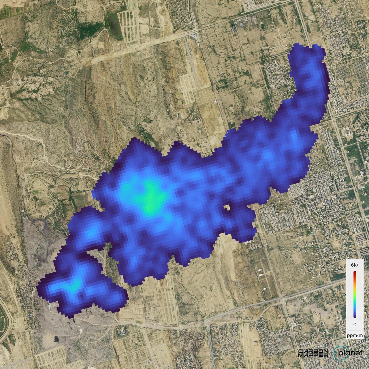 The Carbon Mapper Coalition's Tanager-1 satellite on Sept. 19, 2024, captured data over Karachi, Pakistan, showing the location and concentration of a methane plume measuring about 2½ miles (4 kilometers) long, emanating from a landfill. Enabled by the nonprofit Carbon Mapper and built by Planet Labs PBC, Tanager-1 uses an imaging spectrometer designed by NASA's Jet Propulsion Laboratory in Southern California. Carbon Mapper's preliminary estimate of the source emissions rate is about 2,600 pounds (1,200 kilograms) of methane released per hour.  Launched from Vandenberg Space Force Base in California on Aug. 16, 2024, Tanager-1 is part of a broader effort by the nonprofit Carbon Mapper to identify and measure greenhouse gas point-source emissions on a global scale. Both Planet and JPL are members of the philanthropically funded Carbon Mapper Coalition.  https://photojournal.jpl.nasa.gov/catalog/PIA26416