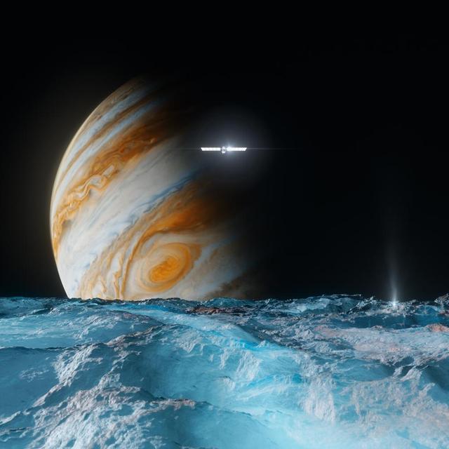 This artist's concept depicts NASA's Europa Clipper spacecraft as it orbits Jupiter and passes over the gas giant's ice-covered moon Europa. Scheduled to arrive at Jupiter in April 2030, the mission will be the first to specifically target Europa for detailed science investigation. Europa Clipper's three main science objectives are to determine the thickness of the moon's icy shell and its interactions with the ocean below, to investigate its composition, and to characterize its geology. The mission's detailed exploration of Europa will help scientists better understand the astrobiological potential for habitable worlds beyond our planet.  https://photojournal.jpl.nasa.gov/catalog/PIA26444