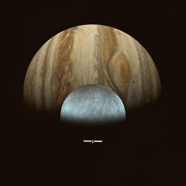 This artist's concept depicts NASA's Europa Clipper spacecraft approaching Jupiter and its icy moon Europa. Scheduled to arrive at Jupiter in April 2030, Europa Clipper will orbit the gas giant, and will be the first mission to specifically target Europa for detailed science investigation. Europa Clipper's three main science objectives are to determine the thickness of the moon's icy shell and its interactions with the ocean below, to investigate its composition, and to characterize its geology. The mission's detailed exploration of Europa will help scientists better understand the astrobiological potential for habitable worlds beyond our planet.  https://photojournal.jpl.nasa.gov/catalog/PIA26445