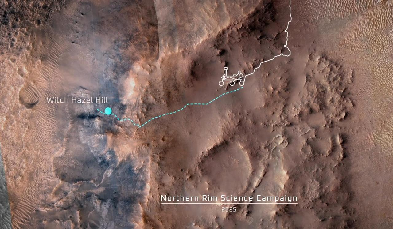 This animation shows the position of NASA's Perseverance Mars rover as of Dec. 4, 2024, the 1,347th Martian day, or sol, of the mission, along with the proposed route of the mission's fifth science campaign, dubbed Northern Rim, over the next several years.  This map was made using data from NASA's Mars Reconnaissance Orbiter's High-Resolution Imaging Science Experiment (HiRISE) camera as well as the European Space Agency's (ESA) High Resolution Stereo Camera (HRSC). The University of Arizona, in Tucson, operates HiRISE, which was built by Ball Aerospace & Technologies Corp., in Boulder, Colorado. NASA's Jet Propulsion Laboratory, a division of Caltech in Pasadena, California, manages the Mars Reconnaissance Orbiter Project for NASA's Science Mission Directorate, Washington.  A key objective for Perseverance's mission on Mars is astrobiology, including the search for signs of ancient microbial life. The rover will characterize the planet's geology and past climate, pave the way for human exploration of the Red Planet, and be the first mission to collect and cache Martian rock and regolith (broken rock and dust).  Subsequent NASA missions, in cooperation with ESA (European Space Agency), would send spacecraft to Mars to collect these sealed samples from the surface and return them to Earth for in-depth analysis.  The Mars 2020 Perseverance mission is part of NASA's Moon to Mars exploration approach, which includes Artemis missions to the Moon that will help prepare for human exploration of the Red Planet.  Animation available at https://photojournal.jpl.nasa.gov/catalog/PIA26480