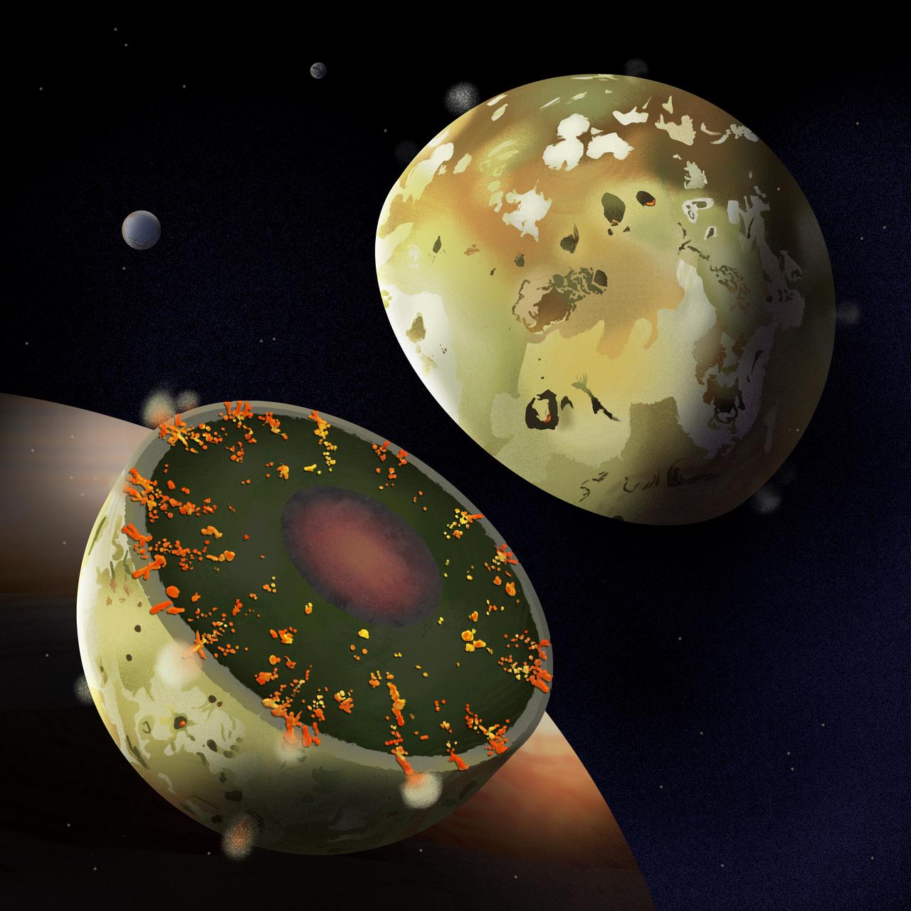 An artist's concept shows the internal structure of Jupiter's moon Io. Data from NASA's Juno spacecraft suggests that Io does not have a shallow global magma ocean and is consistent with a mostly solid mantle (represented by green hues), with substantial melt (yellows and oranges), overlying a liquid core (red/black). https://photojournal.jpl.nasa.gov/catalog/PIA26483
