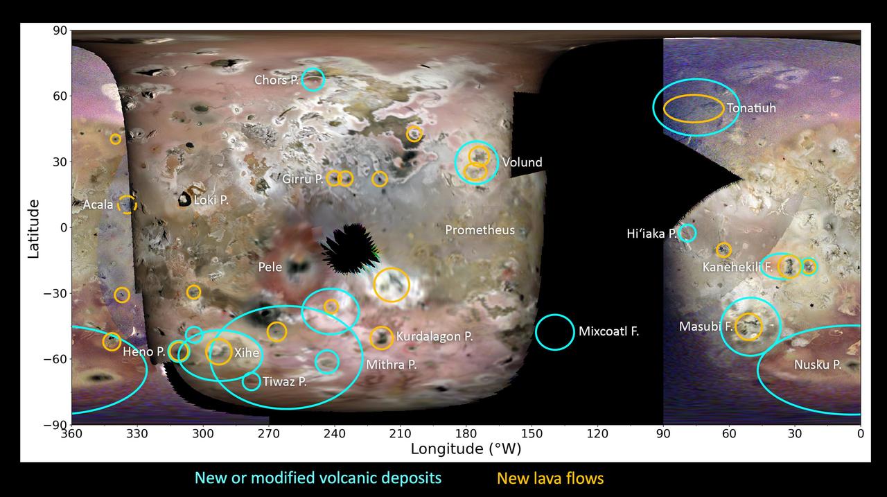 This global map of Jupiter's moon Io – derived from images acquired during the 55th, 57th, 58th, and 60th close passes of the gas giant by NASA's Juno spacecraft – shows the volcanic activity and other surface changes detected by the JunoCam instrument. Cyan ovals denote areas of new, faded, or shifted plume and/or volatile deposits. Yellow ovals denote areas of probable new lava flows. Comparing JunoCam images to Galileo and New Horizons data reveals at least 20 new dark deposits, likely fresh lava flows or dark silicate ash deposits. Of these, six appear to be intra-patera resurfacing, while 11 appear to be lava flows outside of paterae. Fourteen new diffuse deposits associated with volcanic centers were also found. https://photojournal.jpl.nasa.gov/catalog/PIA26486
