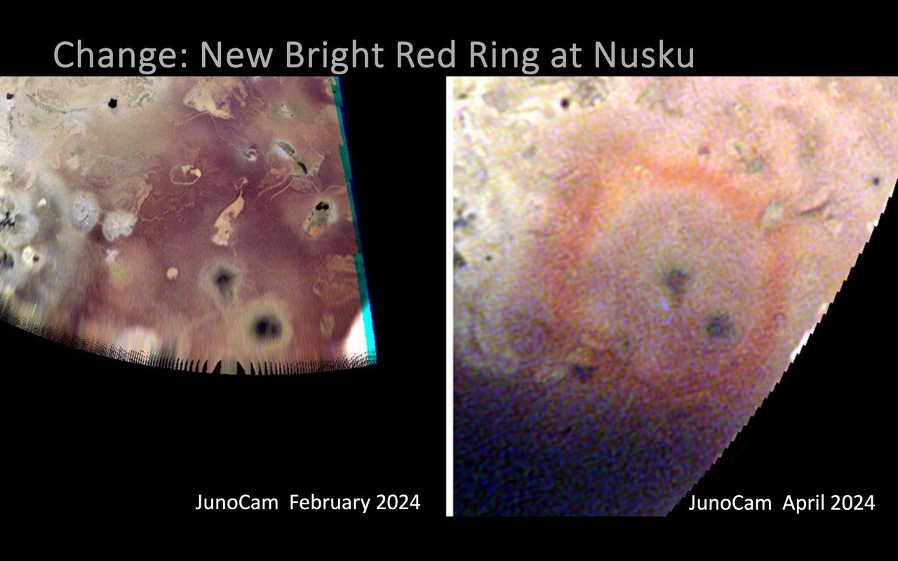 NASA's Juno spacecraft captured these images showing surface changes at Nusku Patera (center in each sub-figure) on Jupiter's moon Io. A red ring formed around Nusku Patera in the two months between the spacecraft's 58th flyby on Feb. 3, 2024, and its 60th on April 9, 2024. The ring obscures some nearby features like Creidne Patera. This ring, 683 miles (1,100 kilometers) wide is likely from a Pele-type plume rich in sulfur. Similar transient red rings were observed by NASA's Galileo mission around Grian Patera and Surt and were associated with intense but short-lived thermal "outburst" eruptions. https://photojournal.jpl.nasa.gov/catalog/PIA26488
