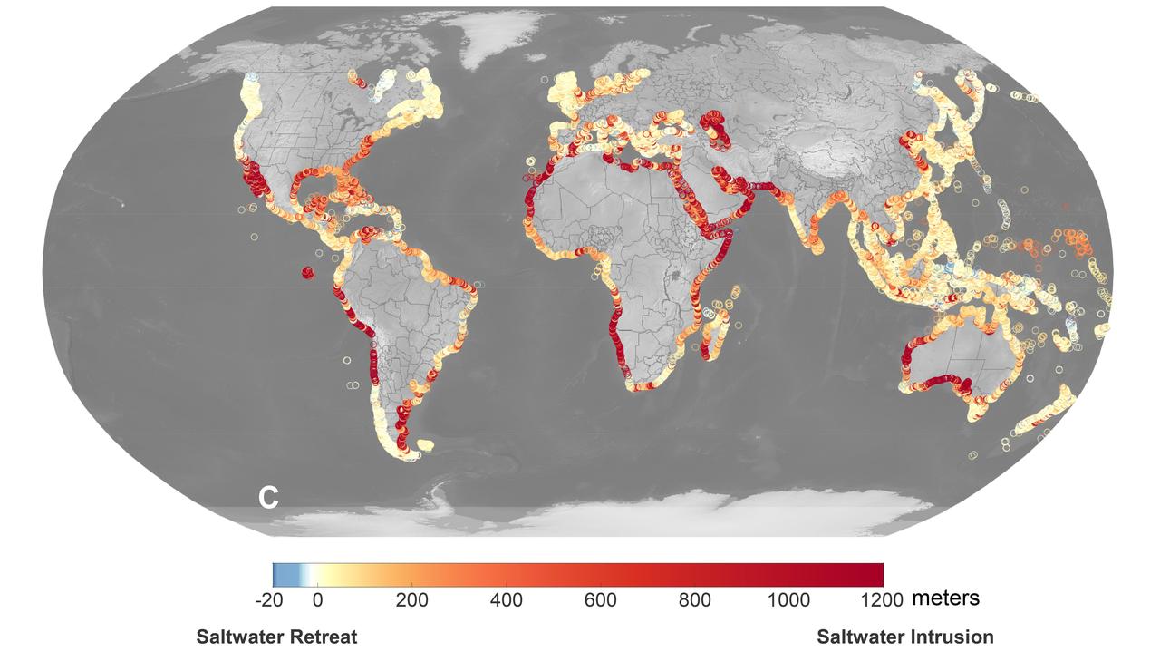       A recent study led by researchers at NASA's Jet Propulsion Laboratory in Southern California that seawater will infiltrate underground fresh water supplies in about 77% of coastal watersheds around the world by the year 2100, as illustrated in this graphic. Called saltwater intrusion, the phenomenon will result from the combined effects of sea level rise and slower replenishment of groundwater supplies due to warmer, drier regional climates, according to the study, which was funded by NASA and the U.S. Department of Defense and published in Geophysical Research Letters in November 2024.      In the graphic, areas that the study projected will experience the most severe saltwater intrusion are marked with red, while the few areas that will experience the opposite phenomenon, called saltwater retreat, are marked with blue.      Saltwater intrusion happens deep below coastlines, where two masses of water naturally run up against each other. Rainfall on land replenishes, or recharges, fresh water in coastal aquifers (essentially, underground rock and dirt that hold water), which tends to flow underground toward the ocean. Meanwhile, seawater, backed by the pressure of the ocean, tends to push inland. Although there's some mixing in the transition zone where the two meet, the balance of opposing forces typically keeps the water fresh on one side and salty on the other.      Spurred by melting ice sheets and glaciers, sea level rise is causing coastlines to migrate inland and increasing the force pushing underground salt water landward. At the same time, slower groundwater recharge resulting from reduced rainfall and warmer weather patterns is weakening the force behind the fresh water in some areas.      Saltwater intrusion can render water in coastal aquifers undrinkable and useless for irrigation. It can also harm ecosystems and damage infrastructure.  https://photojournal.jpl.nasa.gov/catalog/PIA26491