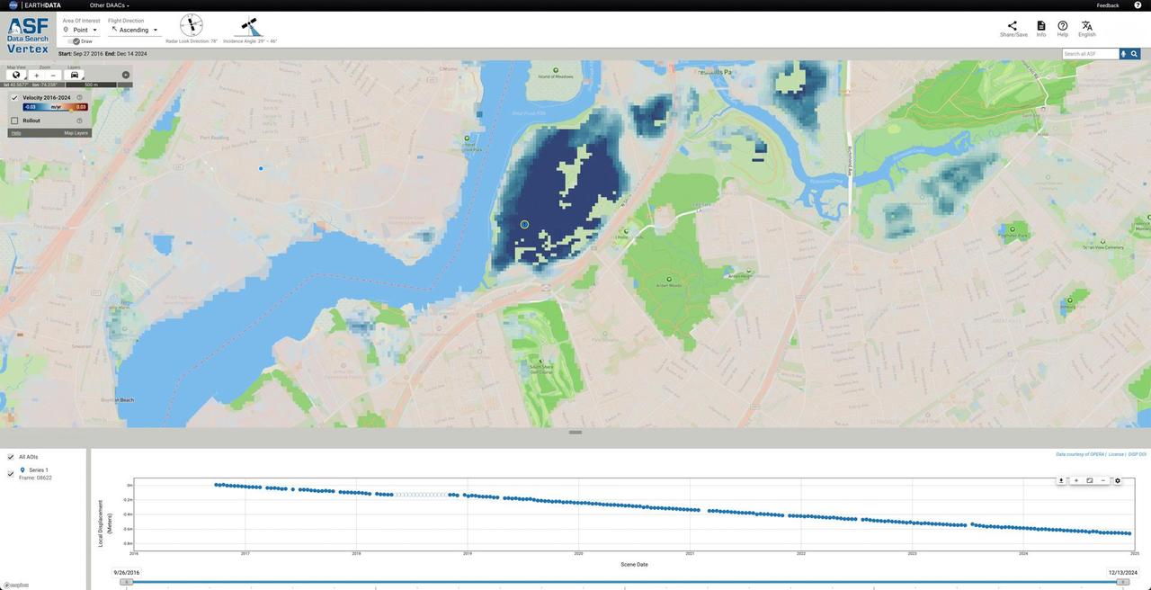 NASA, along with the agency's Jet Propulsion Laboratory in Southern California, is collaborating with the Alaska Satellite Facility in Fairbanks to create a powerful web-based tool that will show the movement of land across North America down to less than an inch. The online portal and its underlying dataset unlock a trove of satellite radar measurements that can help anyone identify where and by how much the land beneath their feet may be moving – whether from earthquakes, volcanoes, landslides, or the extraction of underground natural resources such as groundwater. Spearheaded by NASA's Observational Products for End-Users from Remote Sensing Analysis, or OPERA, project at JPL, the effort equips users with information that would otherwise take years of training to harness. The project builds on data from spaceborne synthetic aperture radars, or SARs, to generate high-resolution data on how Earth's surface is moving. Formally called the North America Surface Displacement Product Suite, the new dataset dates to 2016. By the end of 2025, the data will cover the entire United States, Central America, and Canada within 120 miles (200 kilometers) of the U.S. border. The image shows how the portal visualizes land sinking over time in Freshkills Park, which is being built on a former landfill on Staten Island, New York. Landfills tend to sink over time as waste decomposes, compacts, and settles under its own weight. The blue dot marks the point on the land where the portal is displaying movement in the accompanying scatterplot. https://photojournal.jpl.nasa.gov/catalog/PIA26494