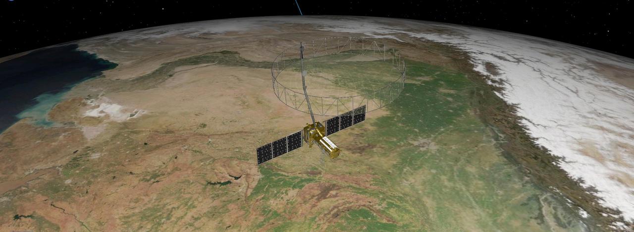 This artist's concept depicts the NISAR satellite orbiting Earth over northeastern India. Short for NASA-ISRO Synthetic Aperture Radar, the mission is an equal collaboration between the NASA and the Indian Space Research Organisation and marks the first time the two agencies have cooperated on hardware development for an Earth-observing mission.  Observations from NISAR will benefit humanity by helping researchers around the world better understand changes in our planet's surface, including its ice sheets, glaciers, and sea ice. It also will capture changes in forest and wetland ecosystems and track movement and deformation of our planet's crust by phenomena such as earthquakes, landslides, and volcanic activity. The global and rapid coverage from NISAR will provide unprecedented opportunities for disaster response, producing data to assist in mitigating and assessing damage, with observations before and after catastrophic events available in short time frames.  NISAR will launch from ISRO's Satish Dhawan Space Centre on India's southeastern coast in 2025.  https://photojournal.jpl.nasa.gov/catalog/PIA26496