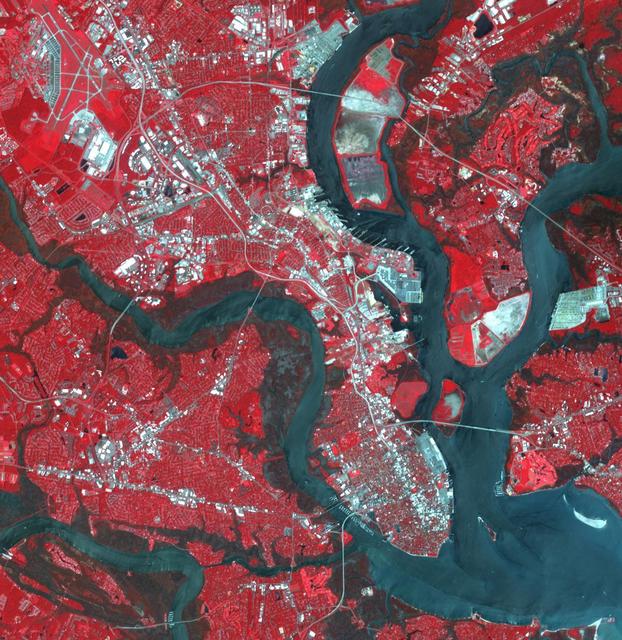 Charleston is the largest city in South Carolina, with almost 1 million people. It was founded in 1670 by the English. By 1690, it was the 5th largest city in North America. The 1699 earthquake and fire destroyed 1/3 of town. Malaria and yellow fever were endemic. The location attracted pirates. In 1860, South Carolina became the first state to declare secession from US. In 1886 a major earthquake damaged 2000 bldgs. More recently, in 1989 Hurricane Hugo devastated ¾ of homes in the historic district. The image was acquired August 15, 2023, covers an area of 18.1 by 18.6 km, and is located at 32.8 degrees north, 79.9 degrees west.  https://photojournal.jpl.nasa.gov/catalog/PIA26507