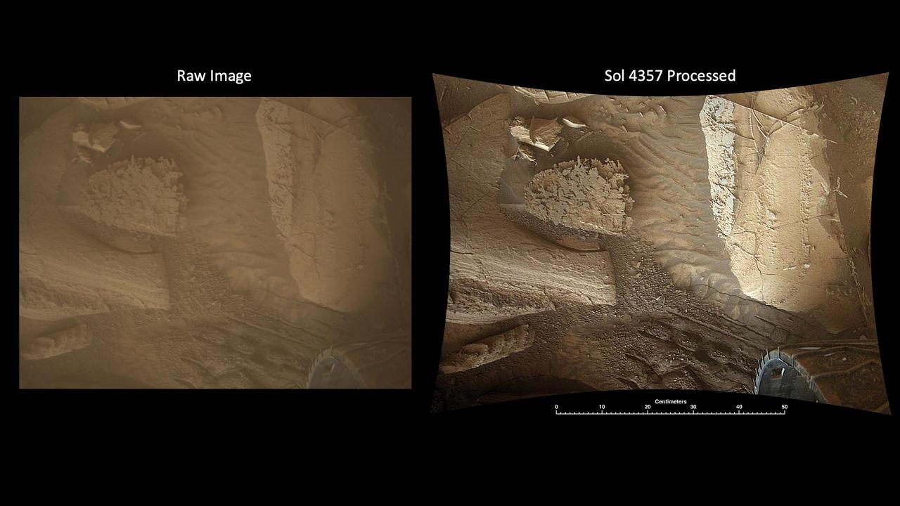 This pair of images shows the Martian surface captured by NASA's Curiosity rover using its Mars Descent Imager (MARDI) camera on Nov. 7, 2024, the 4,357th Martian day, or sol, of the mission. The raw image on the left has not been processed; on the right is the same image after being processed on Earth to reveal additional details in the camera's images, which were taken after sunset, when the lighting is more uniform than the harsh shadows that occur earlier in the day. MARDI was designed to capture images from below the rover as Curiosity descended to the surface on Aug. 5, 2012. (Those images were later assembled together to create the first video of a descent to the Martian surface.) After landing, the mission repurposed MARDI as a surface camera. They use it to take a snapshot at the end of every drive to document the changing terrain and textures the mission has come across during its exploration of Gale Crater and the 3-mile-tall (5-kilometer-tall) mountain within it, Mount Sharp. MARDI views the surface just behind the rover's left front wheel, which is visible in the images. While it is not in sharp focus on the surface (the camera was designed to capture the long-range imaging during descent) but is able to resolve features as small as a few millimeters (0.1 inch). Likewise, because MARDI wasn't intended to be a surface camera, it lacks a dust cover. As a result, its dusty lens mutes colors and details. The first version of the pair of images above was processed onboard the rover into a color image. Once scientists back on Earth receive such images, they perform additional processing to improve contrast and sharpness, and to correct for distortions caused by the camera's fisheye lens (the curved edges of the final image are the result of correcting for those distortions). Because of that additional processing, MARDI has provided a useful way to study rock layering, textures, mineral veins, wheel tracks, and sand ripples – all of which are apparent in the second, processed, image here. Occasionally scientists will take a series of images while Curiosity drives, creating an image strip that documents changes across the surface. When the rover remains stationary (such as when it's collecting and processing a rock sample) a series of images can reveal the movement of windblown sand. https://photojournal.jpl.nasa.gov/catalog/PIA26516