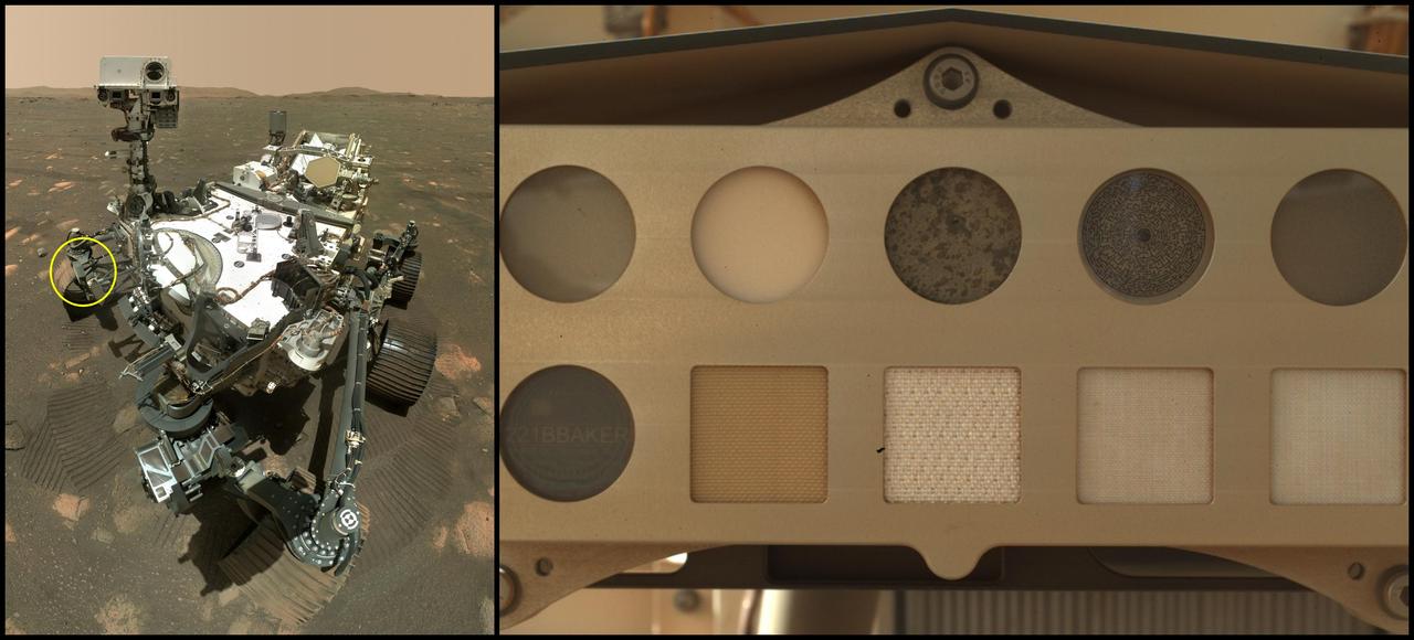 At left is NASA's Perseverance Mars rover. The annotation shows where spacesuit materials can be found attached to a calibration target for SHERLOC (Scanning Habitable Environments with Raman & Luminescence for Organics and Chemicals), one of the rover's instruments. At right is a close-up of the calibration target. Scientists rely on calibration targets to fine-tune instrument settings using materials with known properties. In the case of SHERLOC's calibration target, they are also studying how the five swatches of spacesuit materials arranged along the bottom row degrade in the Martian environment.  Those materials, from left to right: a piece of polycarbonate visor used in spacesuit helmets; Vectran, a cut-resistant material used for the palms of astronaut gloves; a commonly used spacesuit material called Ortho-Fabric; and two kinds of Teflon, which has dust-repelling nonstick properties.  Top row, left to right: two gallium nitride targets that glow different colors when illuminated with SHERLOC's laser; a slice of Martian meteorite named Sayh al Uhaymir 008 (SaH 008); a maze designed to focus SHERLOC's camera; and a diffuse transmission target that measures how SHERLOC's laser scatters light.  This image was taken by the WATSON (Wide Angle Topographic Sensor for Operations and eNgineering) camera, which is part of SHERLOC on the end of Perseverance's robotic arm.  A key objective for Perseverance's mission on Mars is astrobiology, including the search for signs of ancient microbial life. The rover will characterize the planet's geology and past climate, pave the way for human exploration of the Red Planet, and be the first mission to collect and cache Martian rock and regolith.  NASA's Mars Sample Return Program, in cooperation with ESA (European Space Agency), is designed to send spacecraft to Mars to collect these sealed samples from the surface and return them to Earth for in-depth analysis.  The Mars 2020 Perseverance mission is part of NASA's Mars Exploration Program (MEP) portfolio and the agency's Moon to Mars exploration approach, which includes Artemis missions to the Moon that will help prepare for human exploration of the Red Planet.  https://photojournal.jpl.nasa.gov/catalog/PIA26520