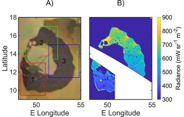 A map of infrared radiance in Loki Patera on Jupiter's moon Io, as measured by the Jovian Infrared Auroral Mapper (JIRAM) instrument aboard NASA's Juno spacecraft, right, and by NASA's Voyager 1, left.  https://photojournal.jpl.nasa.gov/catalog/PIA26525