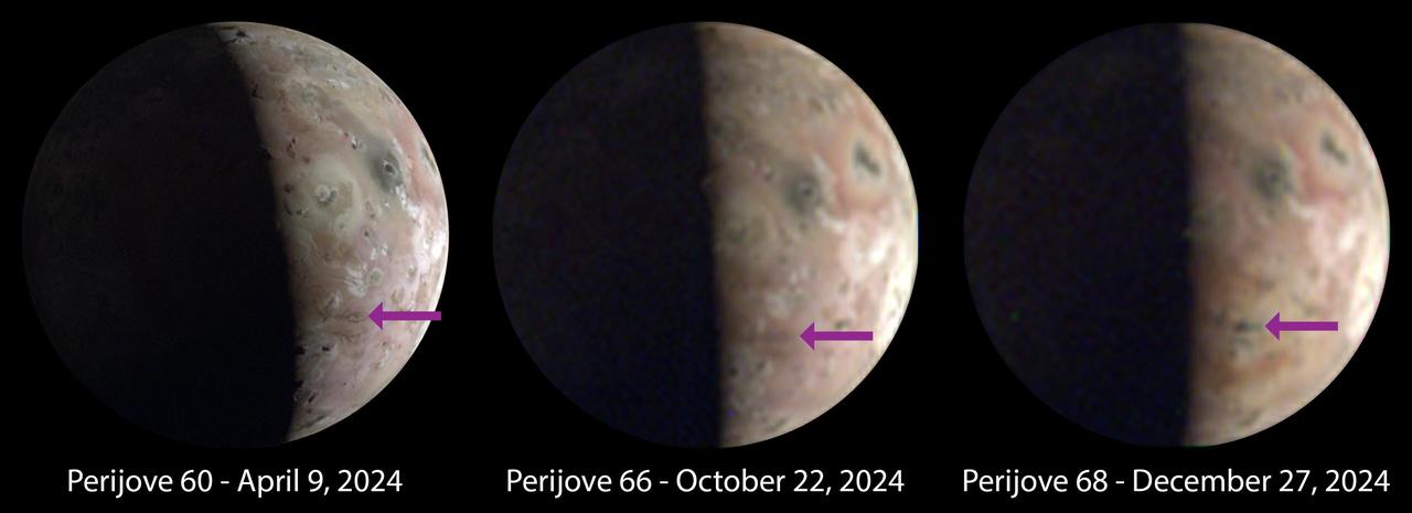 Images of Io captured in 2024 by the JunoCam imager aboard NASA's Juno spacecraft show surface changes that occurred near the fiery Jovian moon's south pole. The arrow annotation highlights the location on Io's surface where these significant and visible surface changes took place between the 66th and 68th perijove, or the point during Juno's orbit when the spacecraft was closest to the gas giant.  The resolution of each of the three Io images varies because it is dependent on the altitude at which the data was acquired.  While the images from the 68th perijove are of lower resolution – since Juno was farther away – the relative changes in surface coloring around a newly discovered hot spot are clear. Such changes in Io's surface are known in the planetary science community to be associated with hot spots and volcanic activity.  The leftmost image is the highest resolution of this area of Io, acquired during Perijove 60 on April 9, 2024, when the spacecraft came as close as about 10,250 miles (16,500 kilometers) from the moon. The center image was acquired at a distance of about 37,310 miles (60,050 kilometers) during Perijove 66 on Oct. 22, 2024. The image at right was acquired on Dec. 27, 2024, during Perijove 68, in which the spacecraft's flyby distance from Io was about 46,200 miles (74,400 kilometers).  The JunoCam images were processed by citizen scientist Jason Perry.  https://photojournal.jpl.nasa.gov/catalog/PIA26526