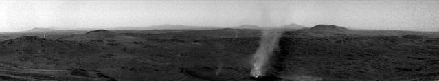 A Martian dust devil can be seen consuming a smaller one in this short video made of images taken by one of the navigation cameras aboard NASA's Perseverance Mars rover on Jan. 25, 2025, the 1,398th day, or sol, of the mission. When the rover snapped these images from about 0.6 miles (1 kilometer) away, the larger dust devil was approximately 210 feet (65 meters) wide, at least 1,300 feet (400 meters) tall, and moving about 2 mph (1 meter per second) to the west-northwest. The smaller dust devil trailing behind (also in the foreground) was roughly 16 feet (5 meters) wide, about the same height, and traveling a bit fast as it was sucked into the larger whirlwind. Perseverance recorded the scene as it explored the western rim of Mars' Jezero Crater at a location called "Witch Hazel Hill." Two other dust devils can be seen in the left and center background of image. The video, which has been enhanced in order to show maximal detail, was speeded up 30 times. It is composed of 21 frames taken about 6 seconds apart. A key objective for Perseverance's mission on Mars is astrobiology, including the search for signs of ancient microbial life. The rover will characterize the planet's geology and past climate, pave the way for human exploration of the Red Planet, and be the first mission to collect and cache Martian rock and regolith. NASA's Mars Sample Return Program, in cooperation with ESA (European Space Agency), is designed to send spacecraft to Mars to collect these sealed samples from the surface and return them to Earth for in-depth analysis. The Mars 2020 Perseverance mission is part of NASA's Mars Exploration Program (MEP) portfolio and the agency's Moon to Mars exploration approach, which includes Artemis missions to the Moon that will help prepare for human exploration of the Red Planet. Animation available at https://photojournal.jpl.nasa.gov/catalog/PIA26528