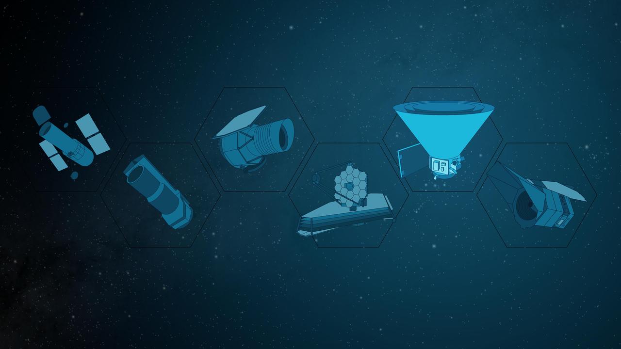 In this illustration, NASA's SPHEREx mission is highlighted among a line of other NASA space telescopes. The mission will survey the entire sky using spectroscopy, detecting hundreds of millions of stars and galaxies and generating a valuable data set that will complement the work of other NASA observatories such as those depicted here. Shown from left to right (and not to scale) are:      Hubble Space Telescope, launched in April 1990     Spitzer Space Telescope, launch in August 2003     WISE (Wide-Field Infrared Survey Explorer), launched in December 2009     James Webb Space Telescope, launched in December 2021     SPHEREx (Spectro-Photometer for the History of the Universe, Epoch of Reionization and Ices Explorer), targeted for launch in February 2025     Nancy Grace Roman Space Telescope, targeted for launch by May 2027  The SPHEREx observatory will image the entire sky in 102 colors (each an individual wavelength of light) to help scientists answer big-picture questions about the origins of our universe, galaxies, and key ingredients for life in our galaxy, such as water.  https://photojournal.jpl.nasa.gov/catalog/PIA26535