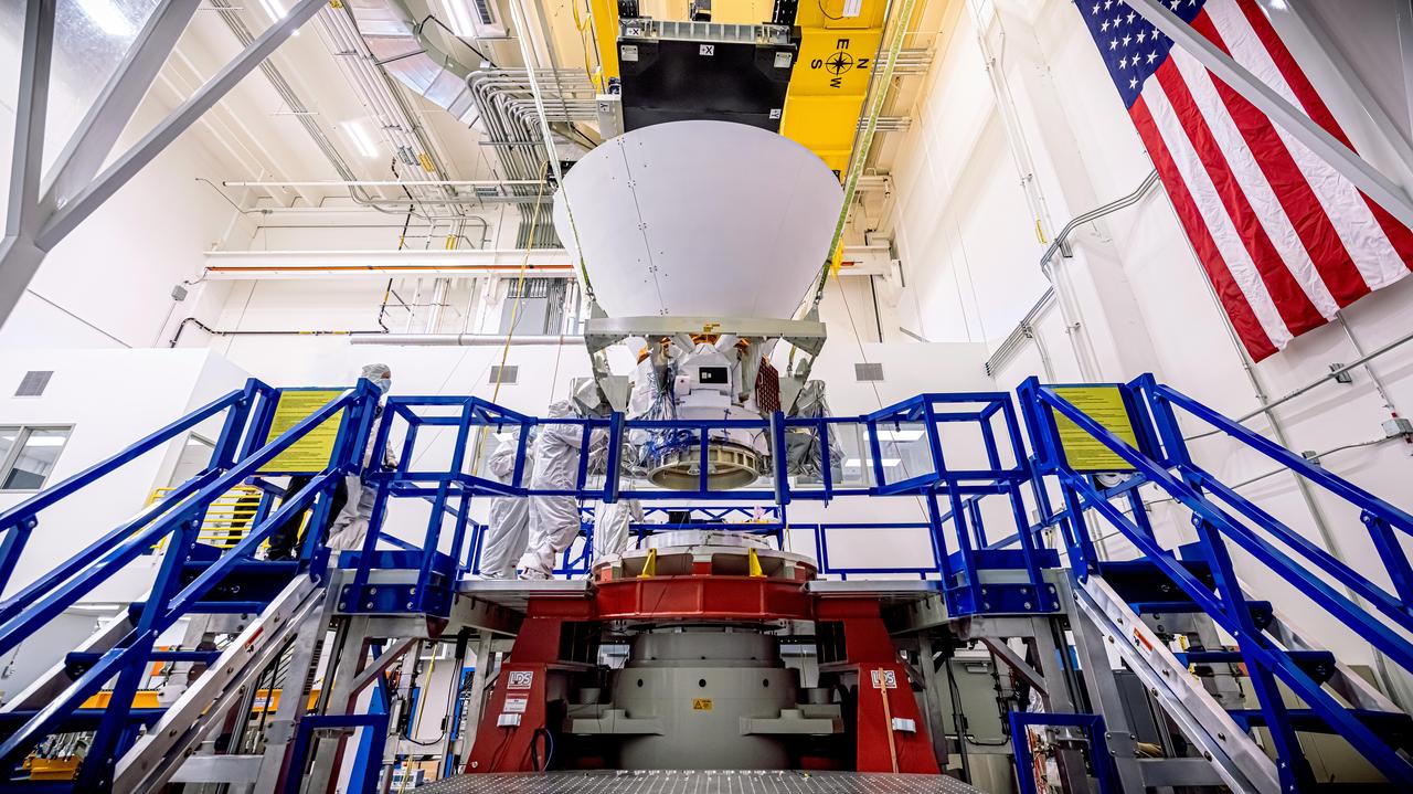 NASA's SPHEREx observatory is lifted and installed onto a vibration table in the Z-axis configuration at BAE Systems in Boulder, Colorado, in August 2024. In this test, the spacecraft is subjected to vibrations in all three axes separately. The test was successfully completed Aug. 16, 2024.  Short for Spectro-Photometer for the History of the Universe, Epoch of Reionization and Ices Explorer, SPHEREx will create a map of the cosmos like no other. Using a technique called spectroscopy to image the entire sky in 102 wavelengths of infrared light, SPHEREx will gather information about the composition of and distance to millions of galaxies and stars. With this map, scientists will study what happened in the first fraction of a second after the big bang, how galaxies formed and evolved, and the origins of water in planetary systems in our galaxy.  https://photojournal.jpl.nasa.gov/catalog/PIA26539