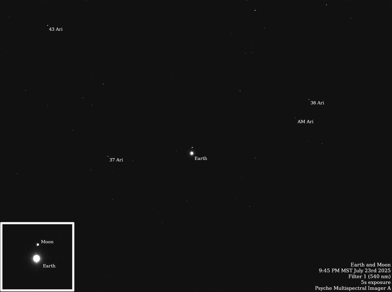 NASA's Psyche spacecraft captured images of Earth and our Moon from about 180 million miles (290 kilometers) away in July 2025. The images were obtained during one of the mission team's periodic maintenance and calibration tests for the twin cameras that make up the imager instrument.  Scientists on the imaging team, led by Arizona State University, captured multiple long-exposure (up to 10-second) pictures of the two bodies, which appear as dots sparkling with reflected sunlight amid a starfield in the constellation Aries. The observations help the team determine how the cameras respond to solar system objects that shine by reflected sunlight, just like the Psyche asteroid.  In January 2025, Psyche captured an image that included Mars, Jupiter, and the Jovian moons Io, Ganymede, Callisto, and Europa.  The image here was captured by Psyche's primary camera, Imager A, on July 23.  The Psyche mission is led by ASU. Lindy Elkins-Tanton of the University of California, Berkeley is the principal investigator. A division of Caltech in Pasadena, JPL is responsible for the mission's overall management, system engineering, integration and test, and mission operations. Maxar Technologies in Palo Alto, California, provided the high-power solar electric propulsion spacecraft chassis. ASU leads the operations of the imager instrument, working in collaboration with Malin Space Science Systems in San Diego on the design, fabrication, and testing of the cameras.   https://photojournal.jpl.nasa.gov/catalog/PIA26569