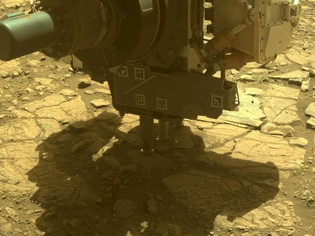 The robotic arm on NASA's Perseverance Mars rover used its percussive drill to core and collect the "Main River" rock sample on March 10, 2025, the 1,441st Martian day, or sol, of the mission. The time-lapse movie, taken by one of the rover's hazard cameras, is made up of 35 images taken over the course of 34 minutes.  The sample was taken from a rock the rover science team named "Broom Point" at a location near the rim of Jezero Crater called "Witch Hazel Hill."  A key objective for Perseverance's mission on Mars is astrobiology, including the search for signs of ancient microbial life. The rover will characterize the planet's geology and past climate, pave the way for human exploration of the Red Planet, and be the first mission to collect and cache Martian rock and regolith (broken rock and dust).  Subsequent NASA missions, in cooperation with ESA (European Space Agency), would send spacecraft to Mars to collect these sealed samples from the surface and return them to Earth for in-depth analysis.  The Mars 2020 Perseverance mission is part of NASA's Mars Exploration Program (MEP) portfolio and the agency's Moon to Mars exploration approach, which includes Artemis missions to the Moon that will help prepare for human exploration of the Red Planet.  Animation available at https://photojournal.jpl.nasa.gov/catalog/PIA26571