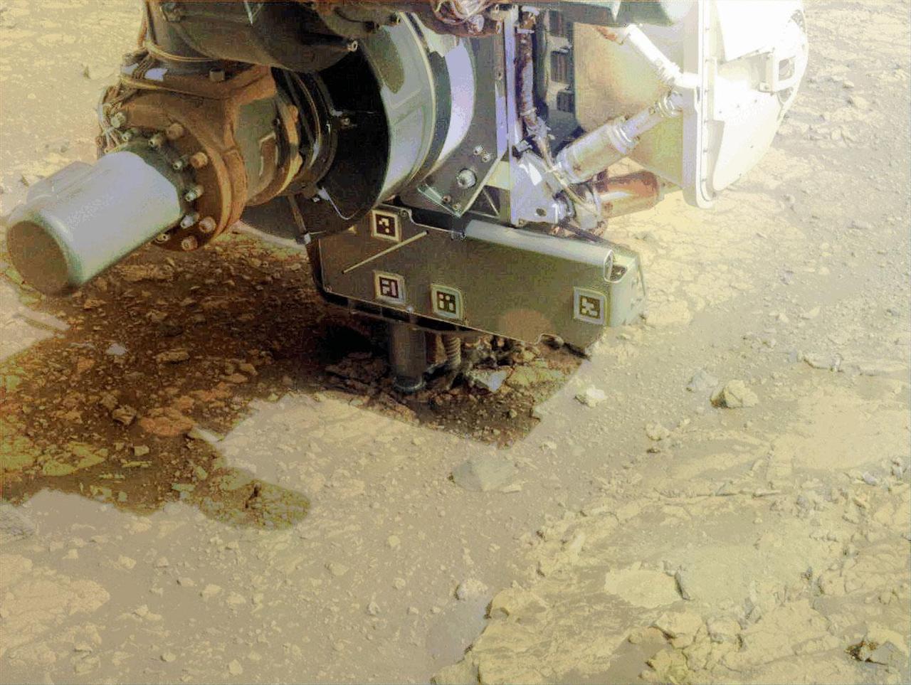 In this video, the robotic arm on NASA’s Perseverance Mars rover uses its percussive drill on a rocky outcrop near the rim of Jezero Crater that the science team calls “Kenmore” on June 10, 2025, the 1,531st Martian day, or sol, of the mission. Before drilling, the team abraded the rock to determine it was worthy of drilling.  The eight images that make up this GIF were taken approximately one minute apart by one of the rover's front hazard-avoidance cameras.  Animation available at https://photojournal.jpl.nasa.gov/catalog/PIA26575