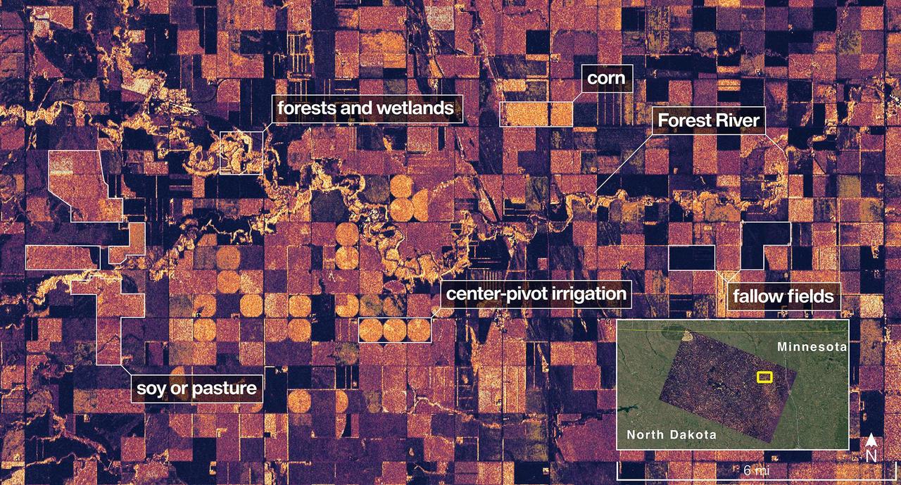 The NISAR (NASA-ISRO Synthetic Aperture Radar) Earth-observing radar satellite's L-band synthetic aperture radar (SAR) system captured an image of a portion of northeastern North Dakota straddling Grand Forks and Walsh counties on Aug. 23, 2025.  Produced by scientists on the NISAR science team, the image shows forests and wetlands on the banks of the Forest River meandering through the middle of the frame from west to east and farmland to the north and south. The darker agricultural plots are fallow fields, while the lighter colors represent the presence of pasture or crops, such as soybean and corn. Circular patterns indicate the use of center-pivot irrigation.  The satellite is a joint effort between NASA and the Indian Space Research Organisation (ISRO) and is the first satellite to combine L-band and S-band radar systems.  The satellite's L-band system, provided by NASA's Jet Propulsion Laboratory in Southern California, uses a 10-inch (25-centimeter) wavelength that enables its signal to penetrate forest canopies and measure soil moisture as well as motion of ice surfaces and land down to fractions of an inch – a key measurement in understanding how the land surface moves before, during, and after earthquakes, volcanic eruptions, and landslides.  The NISAR S-band radar, provided by ISRO's Space Applications Centre, uses a 4-inch (10-centimeter) microwave signal that's more sensitive to small vegetation, which makes it effective at monitoring certain types of agriculture and grassland ecosystems.  Data used to create the image was collected during NISAR's commissioning phase, when the spacecraft's systems and instruments are powered on and tested.  The NISAR mission will begin science operations in November, roughly 90 days after its July 30, 2025, launch from Satish Dhawan Space Centre on India's southeastern coast.  Observations from NISAR will benefit humanity by helping researchers around the world better understand changes in our planet's surface, including its ice sheets, glaciers, and sea ice. It also will capture changes in forest and wetland ecosystems and track movement and deformation of our planet's crust by phenomena such as earthquakes, landslides, and volcanic activity. The global and rapid coverage from NISAR will provide unprecedented support for disaster response, producing data to assist in mitigating and assessing damage, with observations before and after catastrophic events available in short time frames.  https://photojournal.jpl.nasa.gov/catalog/PIA26615