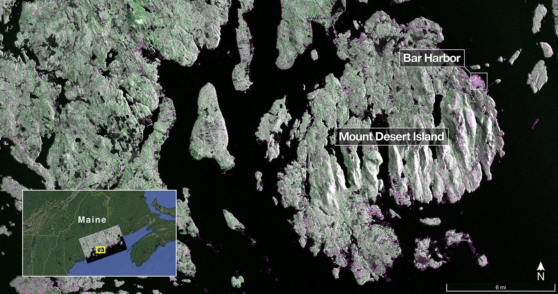 Captured on Aug. 21, 2025, this image from NISAR's L-band radar shows Maine's Mount Desert Island.