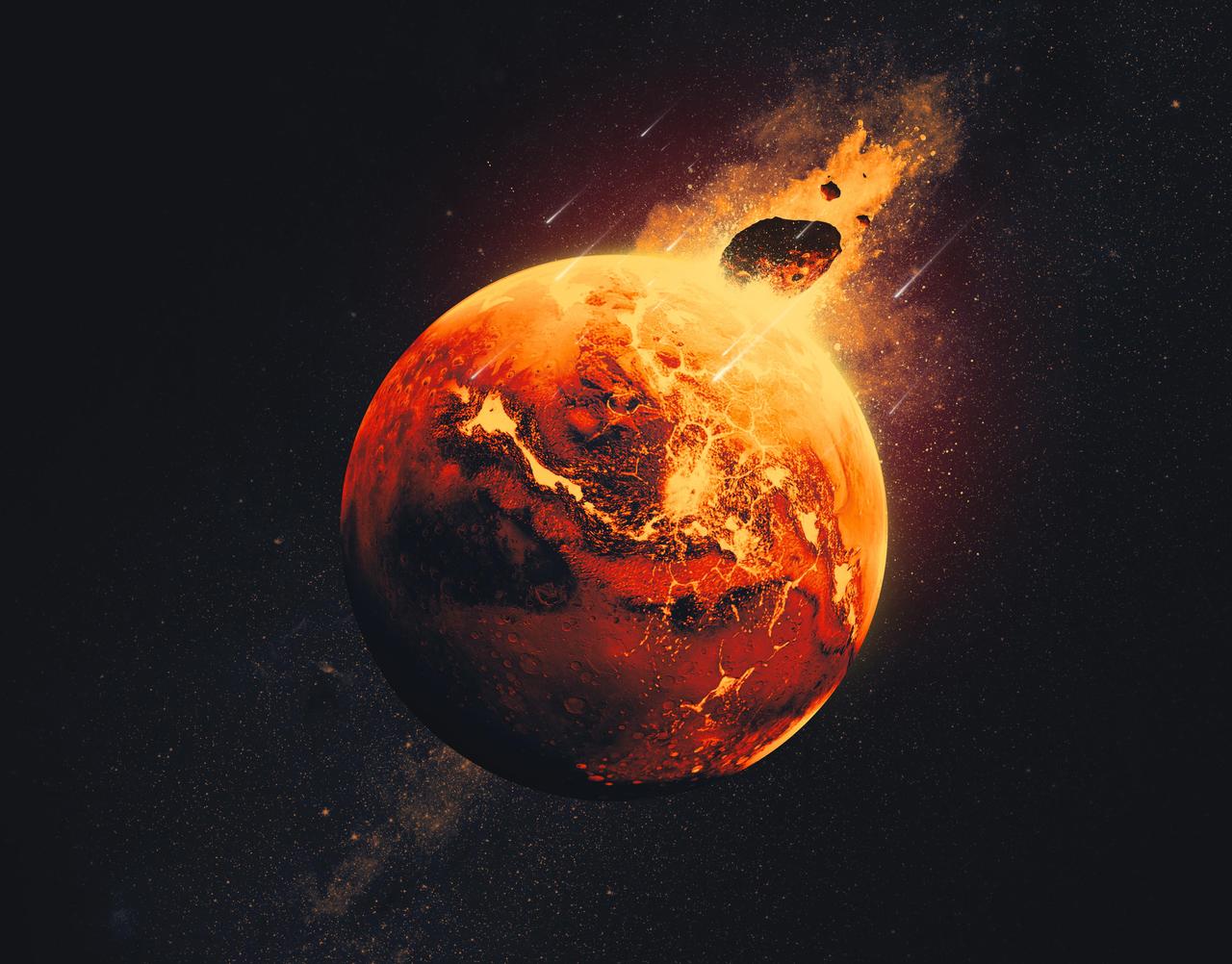 This artist's concept depicts a scene from 4.5 billion years ago, when scientists believe giant impacts occurred on Mars, injecting debris deep into the planet's mantle. NASA's InSight lander detected this debris before the mission's end in 2022, and these findings from the mission were published in the journal Science on Aug. 28, 2025.  The early solar system had many space rocks bashing into the young planets, and smaller impactors can be seen surrounding this giant one in the image. The giant asteroids or comets that sent debris into the Martian mantle would have released enough energy to melt continent-size swaths of the early crust and mantle into vast magma oceans.  https://photojournal.jpl.nasa.gov/catalog/PIA26635
