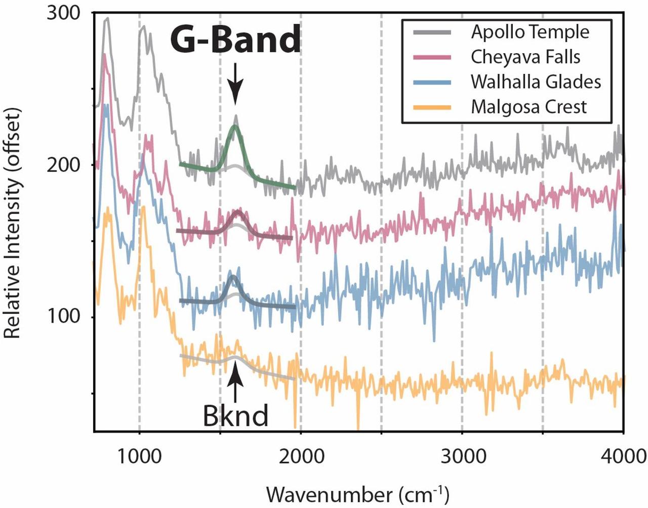 This graph displays data collected by NASA's Perseverance Mars rover from targets in a rock formation nicknamed "Bright Angel." Scientists later determined one of those targets, a rock nicknamed "Cheyava Falls" (second line from the top), contained a potential biosignature. A potential biosignature is a substance or structure that might have a biological origin but requires more data or further study before a conclusion can be reached about the absence or presence of life.  The graph includes "G-bands" – a type of signal in Raman spectroscopy – indicating the presence of organic molecules, which can be created by both geological as well as biological sources. ("Bknd" is shorthand for "background.") The data was collected by an instrument on the end of Perseverance's robotic arm called SHERLOC (Scanning Habitable Environments with Raman & Luminescence for Organics & Chemicals).  A key objective for Perseverance's mission on Mars is astrobiology, including the search for signs of ancient microbial life. The rover is characterizing the planet's geology and past climate, to help pave the way for human exploration of the Red Planet, and is the first mission to collect and cache Martian rock and regolith.  The Mars 2020 Perseverance mission is part of NASA's Mars Exploration Program (MEP) portfolio and the agency's Moon to Mars exploration approach, which includes Artemis missions to the Moon that will help prepare for human exploration of the Red Planet.  https://photojournal.jpl.nasa.gov/catalog/PIA26639