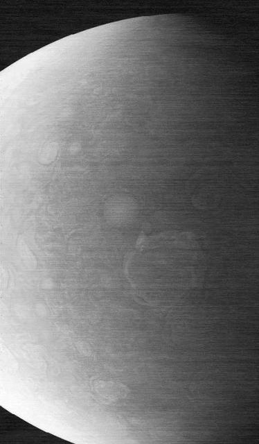 This image capturing one of the circumpolar cyclones on Jupiter's north pole was taken Nov. 22, 2023, by the JunoCam imager aboard NASA's Juno as the spacecraft flew past at an altitude of about 10,880 miles (17,500 kilometers). The horizontal lines and overall graininess of the image show the effects of radiation damage on the camera. The Juno team has been experimenting with a technique called annealing to address the damage and restore the quality of JunoCam images.  https://photojournal.jpl.nasa.gov/catalog/PIA26642
