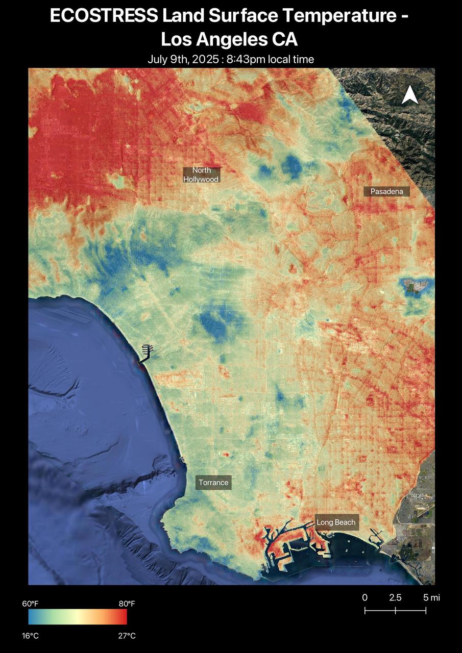 A short-lived heat wave that hit the Los Angeles area the week of July 7, 2025, was the first of summer. The heat lingered into the evening hours, as captured by NASA's Ecosystem Spaceborne Thermal Radiometer Experiment on Space Station (ECOSTRESS) instrument.  By nearly 8:45 p.m. local time July 9, surface temperatures in the San Fernando Valley were still over 80 degrees Fahrenheit (27 degrees Celsius). The ECOSTRESS sensor recorded similar temperatures for downtown Pasadena (Figure A) and parts of Altadena, east of NASA's Jet Propulsion Laboratory, which manages the mission. In these data visualizations, dark red indicates higher temperatures, while areas in blue and green are cooler. Coastal regions remained significantly cooler than inland areas.  The ECOSTRESS instrument measures thermal infrared emissions from Earth's surface. This enables researchers to monitor plant health, the progress of wildfires, land surface temperatures, and the burn risk to people from hot surfaces such as asphalt. Land surface temperatures are hotter than air temperatures during the day. Air temperatures, which are measured out of direct sunlight, are usually what meteorologists report in a weather forecast.  https://photojournal.jpl.nasa.gov/catalog/PIA26651