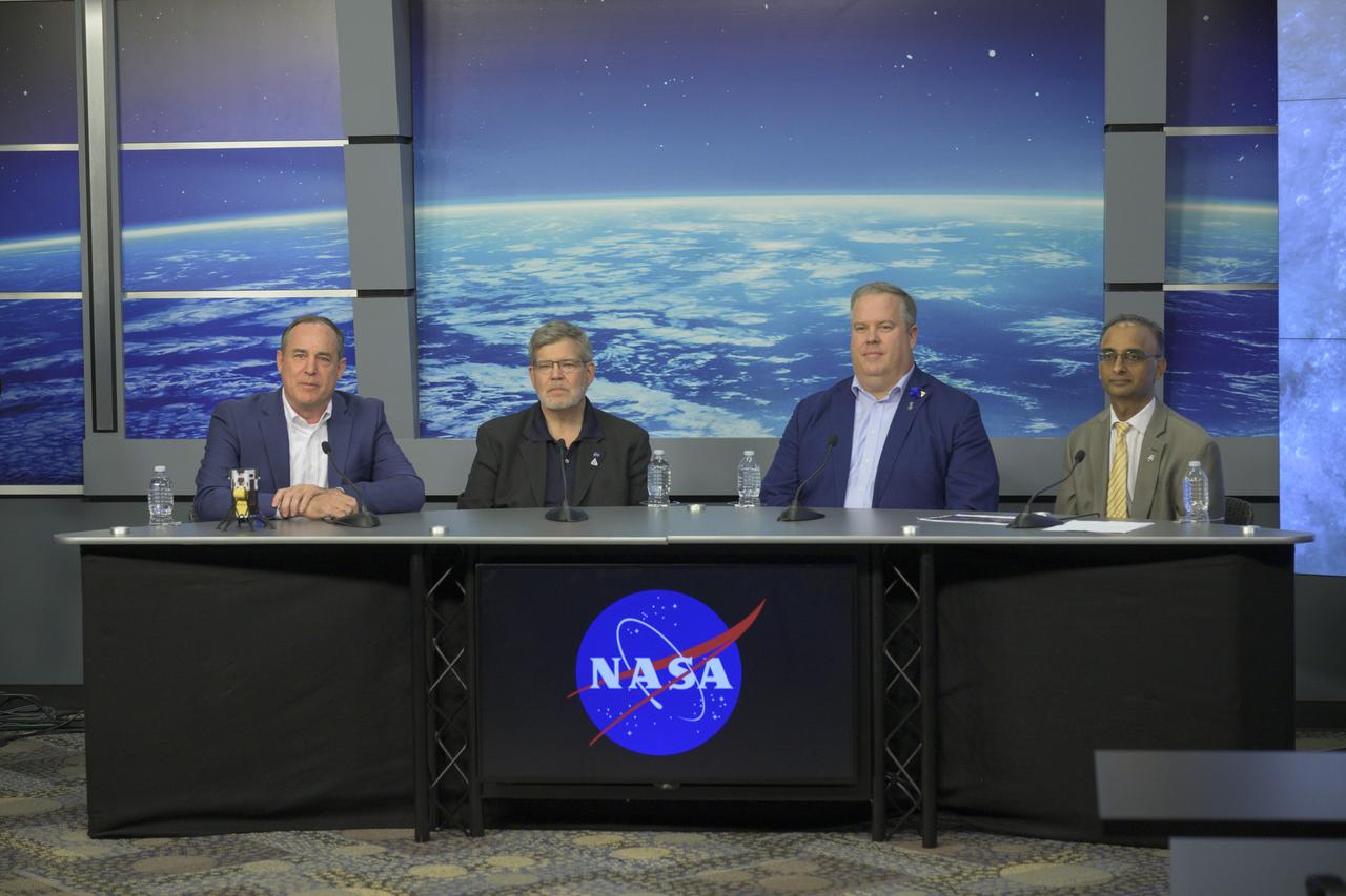 For the first time in more than 50 years, new NASA science instruments and technology demonstrations are operating on the Moon following the first successful delivery of the agency’s CLPS (Commercial Lunar Payload Services) initiative. Experts from NASA and Intuitive Machines hosted a news conference Feb. 23, 2024, at NASA’s Johnson Space Center in Houston to discuss the soft landing of the company’s Nova-C lander, called Odysseus. Participants in the briefing included (left to right): Steve Altemus, chief executive officer and co-founder, Intuitive Machines; Joel Kearns, deputy associate administrator for Exploration, Science Mission Directorate, NASA Headquarters in Washington; Tim Crain, chief technology officer and co-founder, Intuitive Machines; and Prasun Desai, deputy associate administrator, Space Technology Mission Directorate at NASA Headquarters.