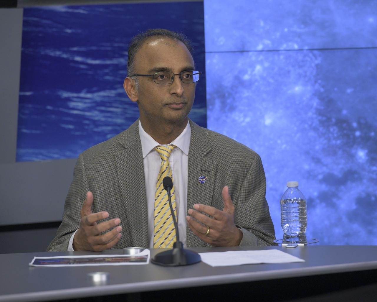 Prasun Desai, deputy associate administrator, Space Technology Mission Directorate at NASA Headquarters, participates in a news conference Feb. 23, 2024, at the agency’s Johnson Space Center in Houston. Desai was on hand to discuss the NASA science and technology aboard the Intuitive Machine’s Nova-C lander, called Odysseus, and its successful soft landing on the Moon Feb. 22, 2024. The mission is the first landing under NASA’s CLPS (Commercial Lunar Payload Services) initiative, and the first American lunar landing in more than 50 years.