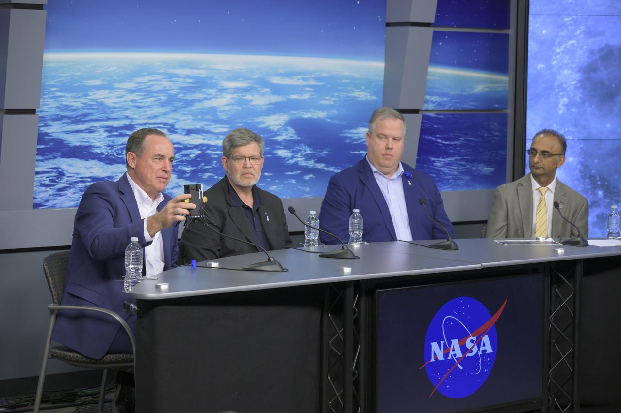 For the first time in more than 50 years, new NASA science instruments and technology demonstrations are operating on the Moon following the first successful delivery of the agency’s CLPS (Commercial Lunar Payload Services) initiative. Experts from NASA and Intuitive Machines hosted a news conference Feb. 23, 2024, at NASA’s Johnson Space Center in Houston to discuss the soft landing of the company’s Nova-C lander, called Odysseus. Participants in the briefing included (L-R): Steve Altemus, chief executive officer and co-founder, Intuitive Machines; Joel Kearns, deputy associate administrator for Exploration, Science Mission Directorate, NASA Headquarters in Washington; Tim Crain, chief technology officer and co-founder, Intuitive Machines; and Prasun Desai, deputy associate administrator, Space Technology Mission Directorate at NASA Headquarters. Photo Credit: NASA/Robert Markowitz