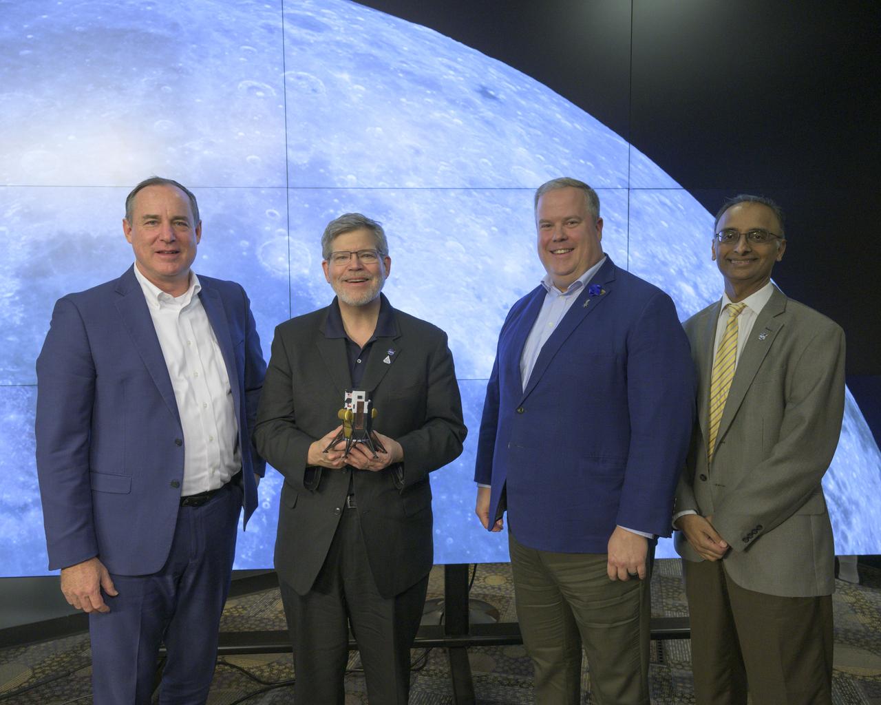 For the first time in more than 50 years, new NASA science instruments and technology demonstrations are operating on the Moon following the first successful delivery of the agency’s CLPS (Commercial Lunar Payload Services) initiative. Experts from NASA and Intuitive Machines hosted a news conference Feb. 23, 2024, at NASA’s Johnson Space Center in Houston to discuss the soft landing of the company’s Nova-C lander, called Odysseus. Participants in the briefing included (L-R): Steve Altemus, chief executive officer and co-founder, Intuitive Machines; Joel Kearns, deputy associate administrator for Exploration, Science Mission Directorate, NASA Headquarters in Washington; Tim Crain, chief technology officer and co-founder, Intuitive Machines; and Prasun Desai, deputy associate administrator, Space Technology Mission Directorate at NASA Headquarters. Photo Credit: NASA/Robert Markowitz