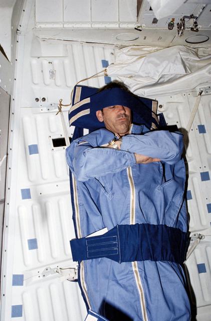 NASA image: Mission Specialist (MS) Fabian in middeck sleep restraint