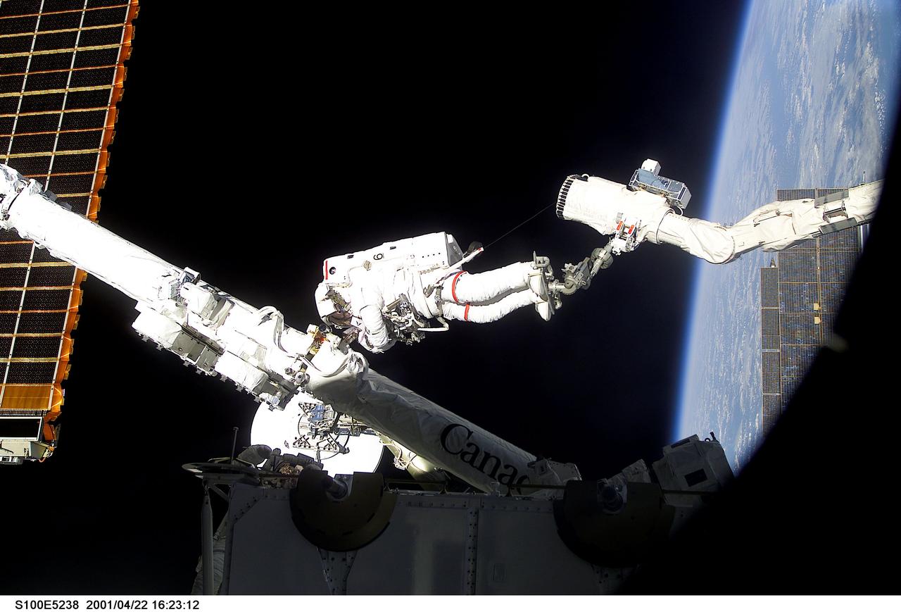 S100-E-5238 (22 April 2001) --- Astronaut Chris A. Hadfield, STS-100 mission specialist representing the Canadian Space Agency (CSA), stands on one Canadian-built robot arm to work with another one.  Called Canadarm2, the newest addition to the International  Space Station (ISS) was ferried up to the orbital outpost by the STS-100 crew. Hadfield's feet are secured on a special foot restraint attached to the end of the Remote Manipulator System (RMS) arm, which represents one of the standard shuttle components for the majority of the 100-plus STS missions thus far.  The picture was recorded with a digital still camera.